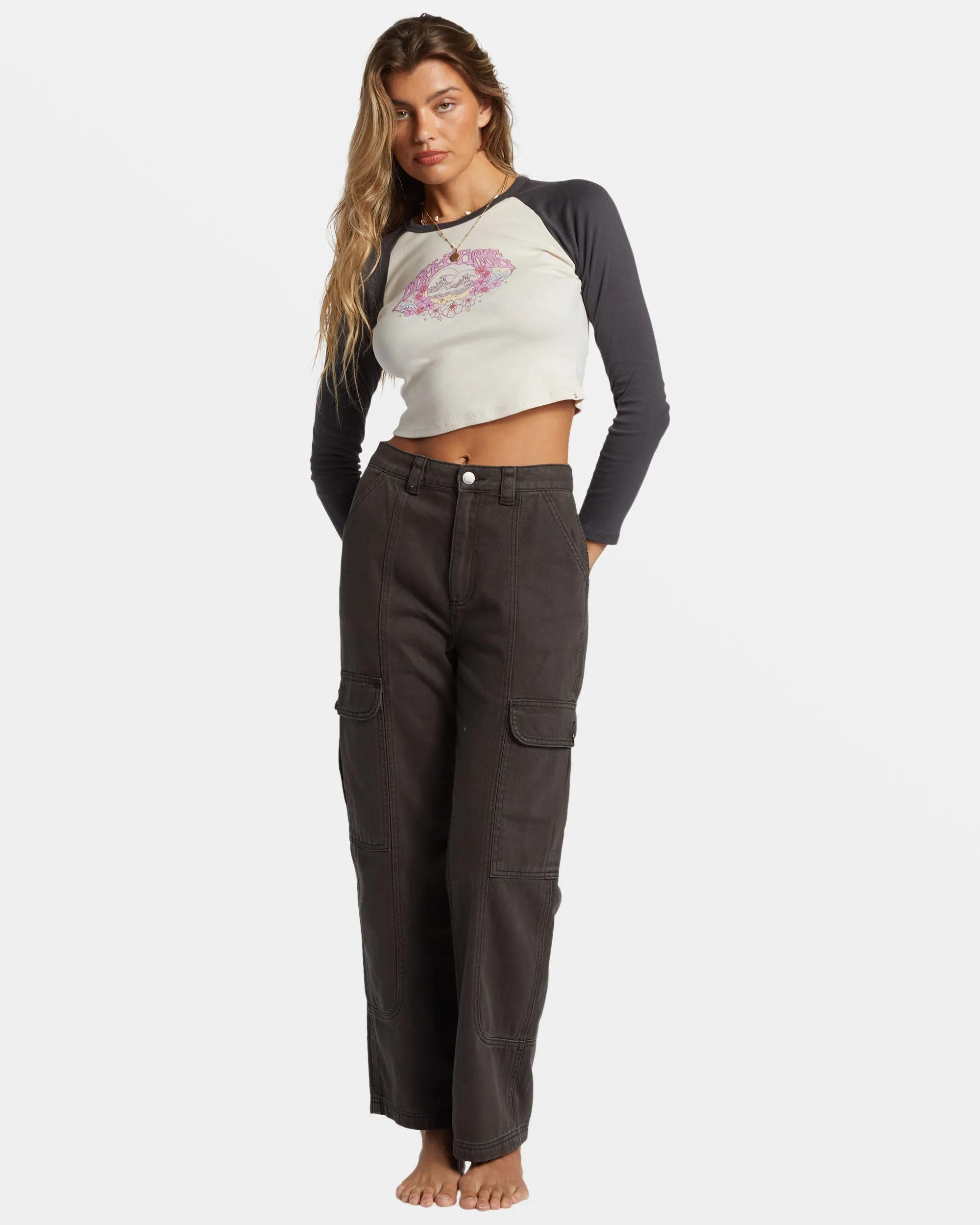 Mystic Wave Long Sleeve Cropped T-shirt - White Cap
