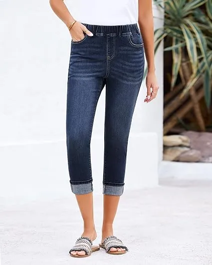 Nightfall Blue Women's High Waisted Elastic Slight Stretch Denim Pull On Cuffed Hem Capri Jeans Denim Pants