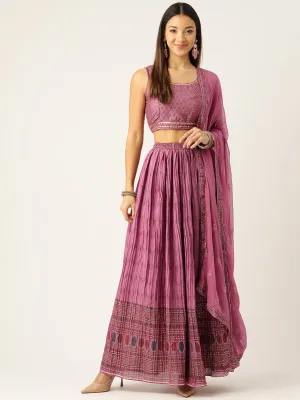 Pink & Blue Printed Ready to Wear Lehenga & Blouse With Dupatta & Potli