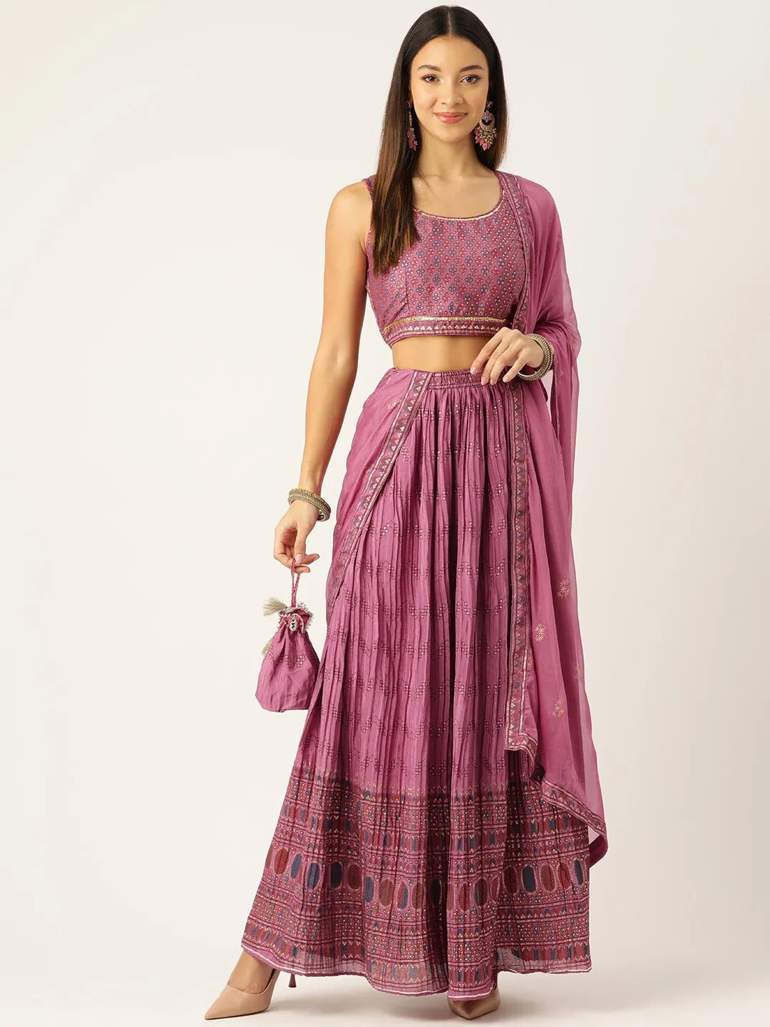 Pink & Blue Printed Ready to Wear Lehenga & Blouse With Dupatta & Potli