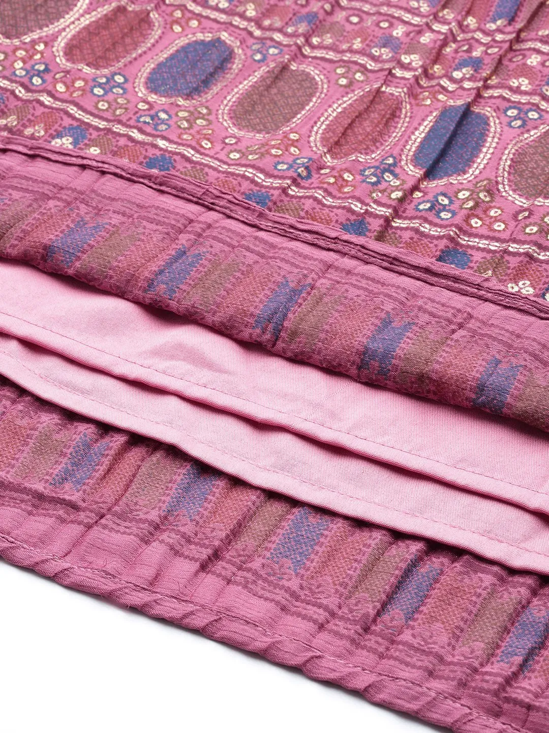 Pink & Blue Printed Ready to Wear Lehenga & Blouse With Dupatta & Potli