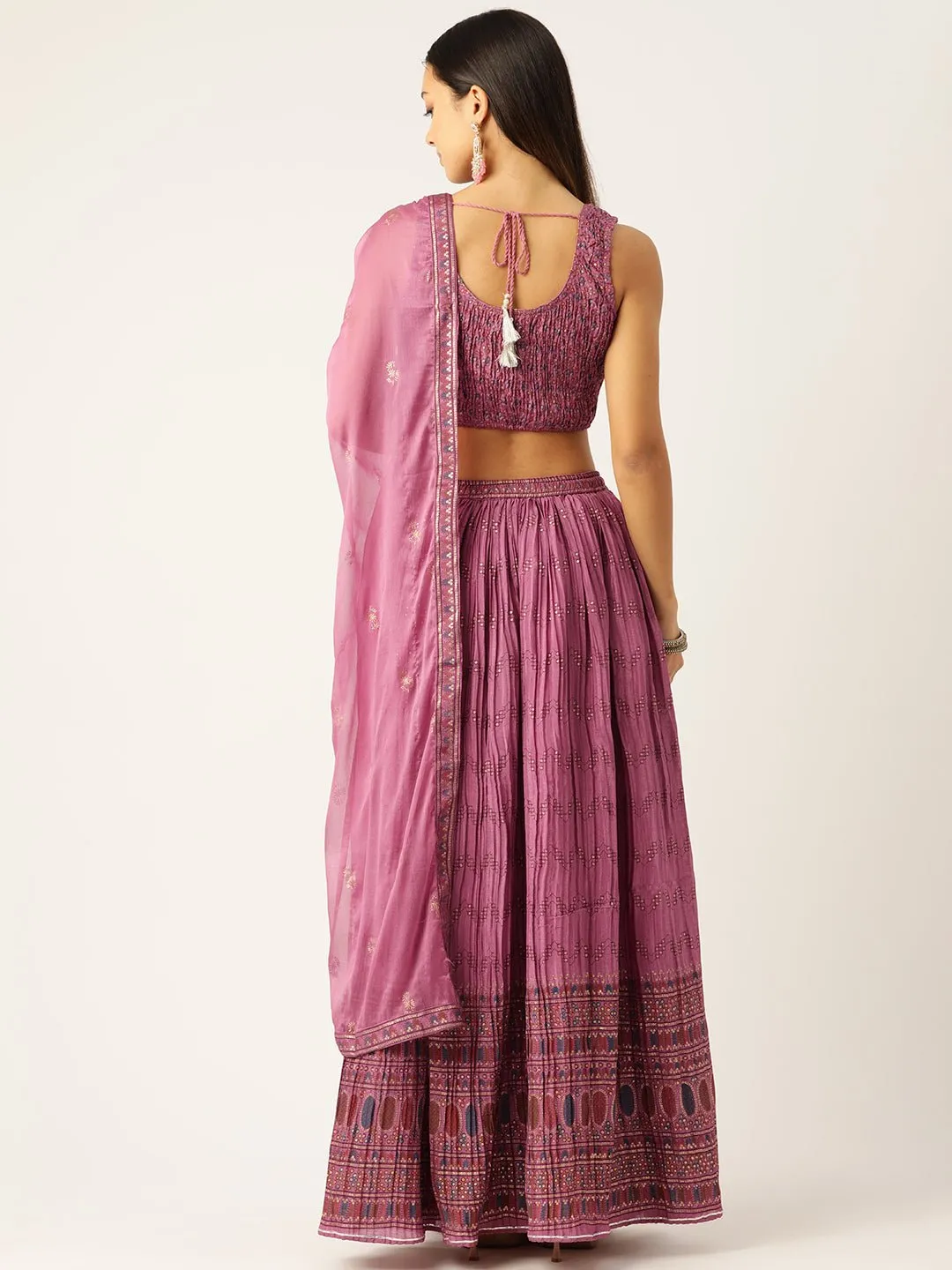 Pink & Blue Printed Ready to Wear Lehenga & Blouse With Dupatta & Potli