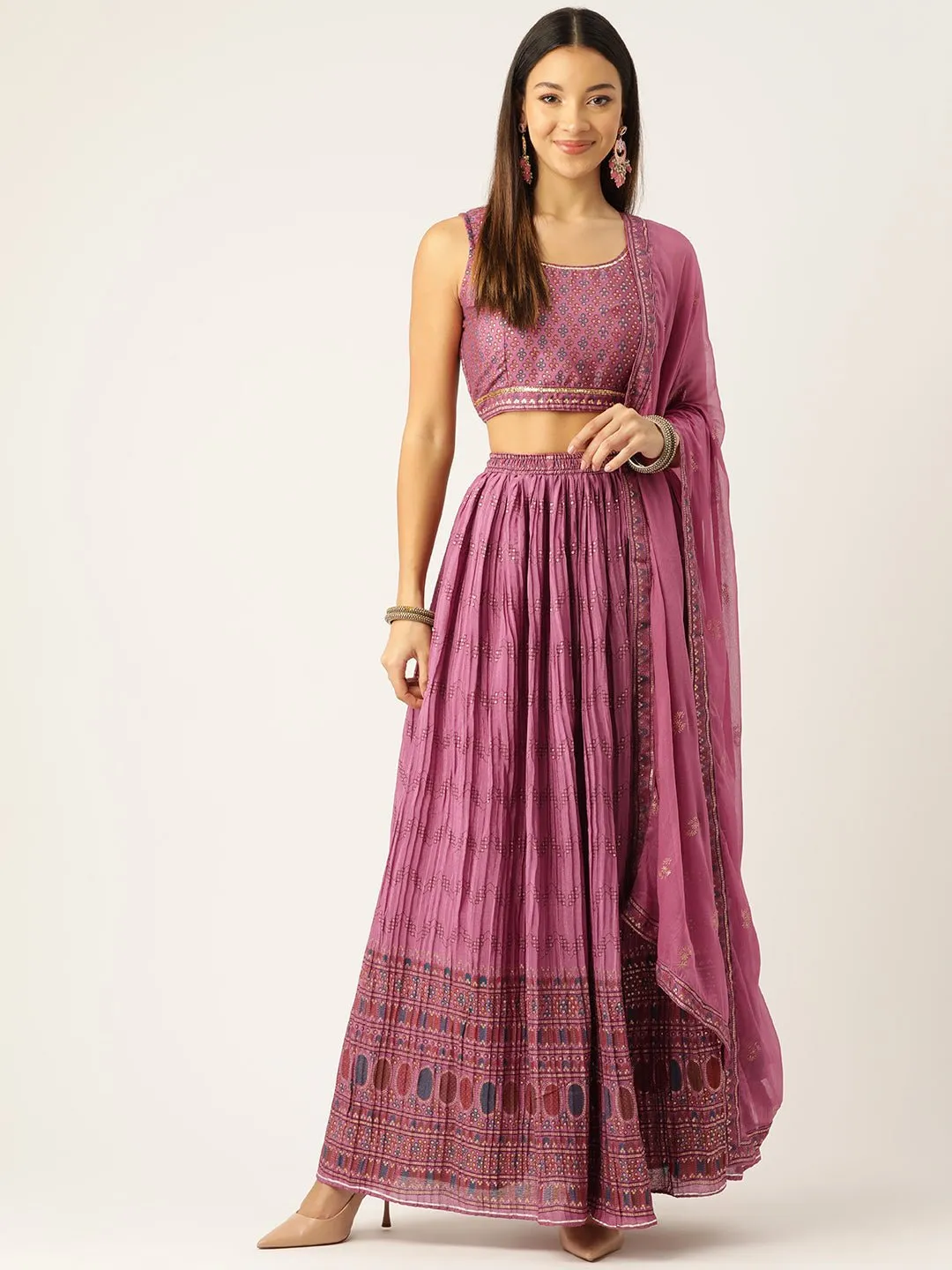 Pink & Blue Printed Ready to Wear Lehenga & Blouse With Dupatta & Potli