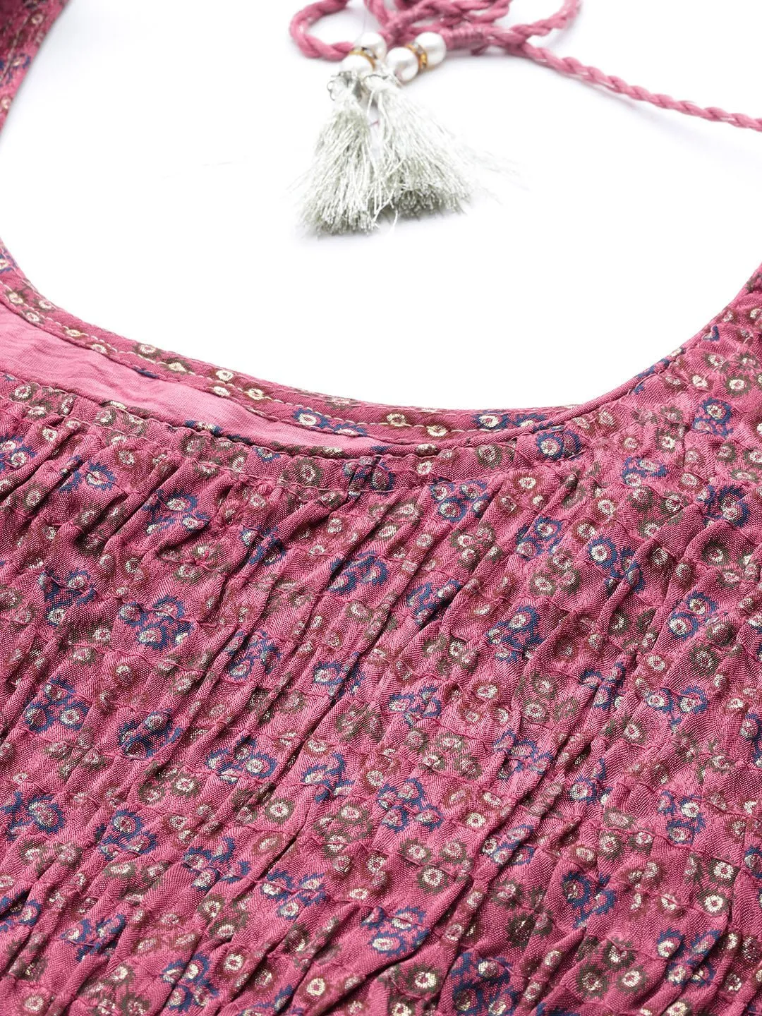 Pink & Blue Printed Ready to Wear Lehenga & Blouse With Dupatta & Potli