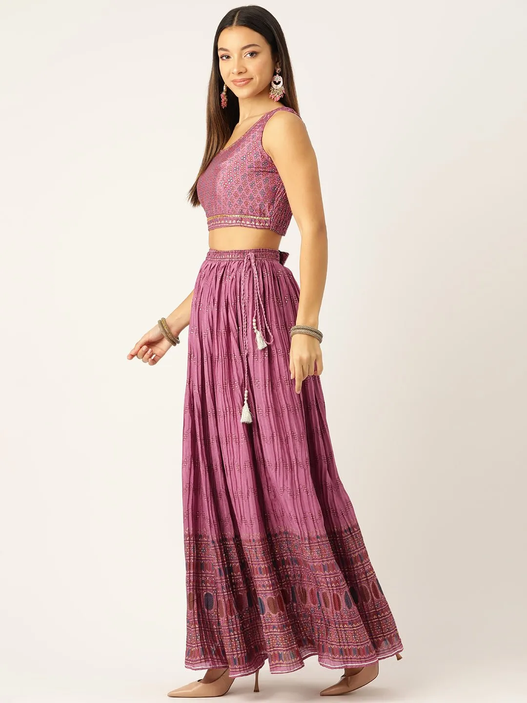 Pink & Blue Printed Ready to Wear Lehenga & Blouse With Dupatta & Potli