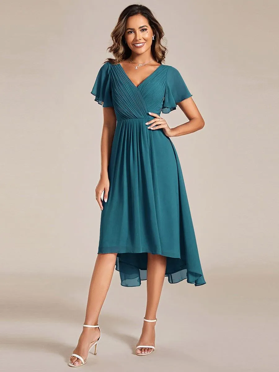 Pleated Asymmetrical Hem Ruffles Sleeve Chiffon Bridesmaid Dress