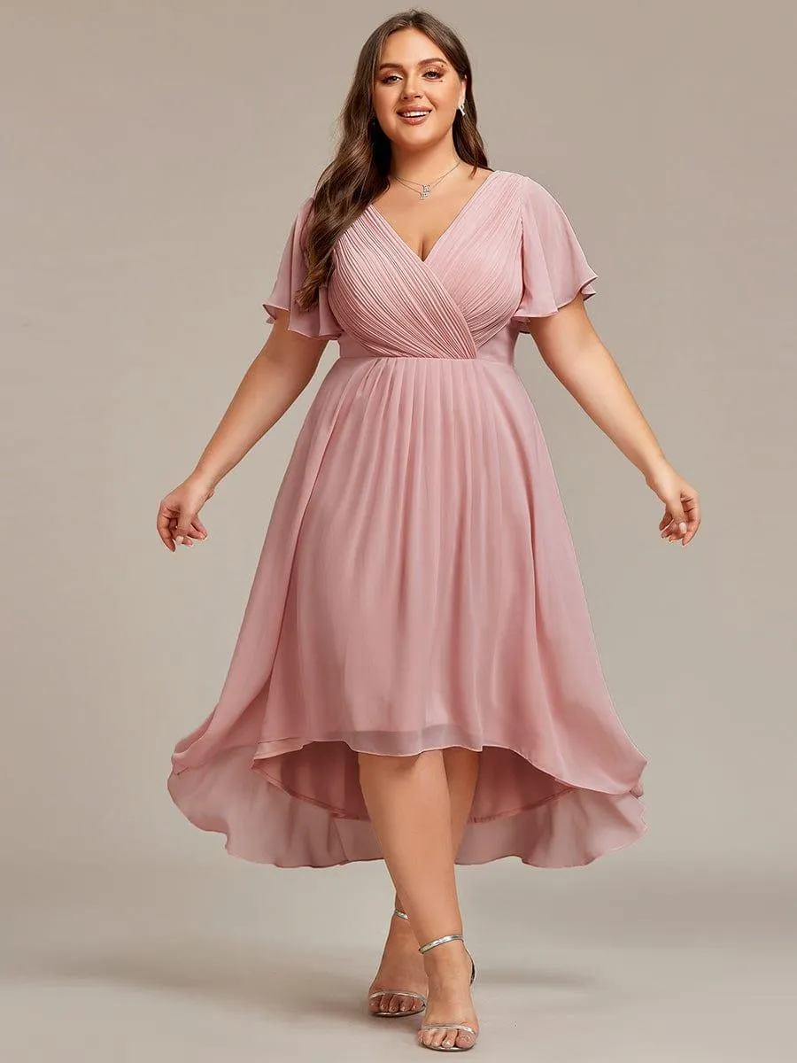 Pleated Asymmetrical Hem Ruffles Sleeve Chiffon Bridesmaid Dress
