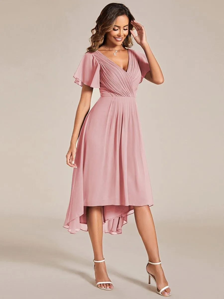Pleated Asymmetrical Hem Ruffles Sleeve Chiffon Bridesmaid Dress