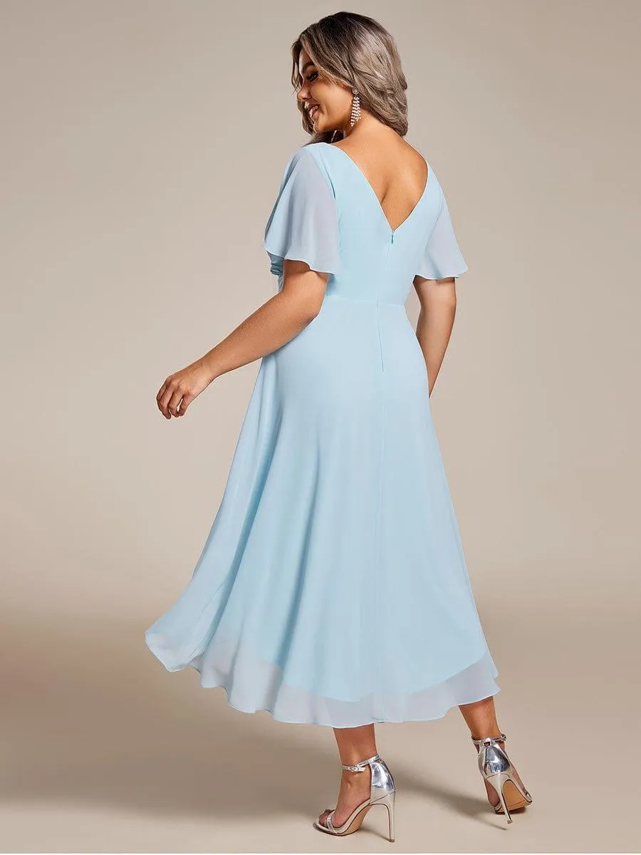 Pleated Asymmetrical Hem Ruffles Sleeve Chiffon Bridesmaid Dress