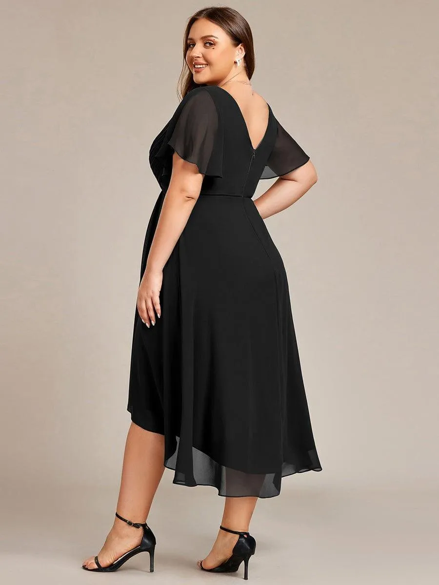 Pleated Asymmetrical Hem Ruffles Sleeve Chiffon Bridesmaid Dress