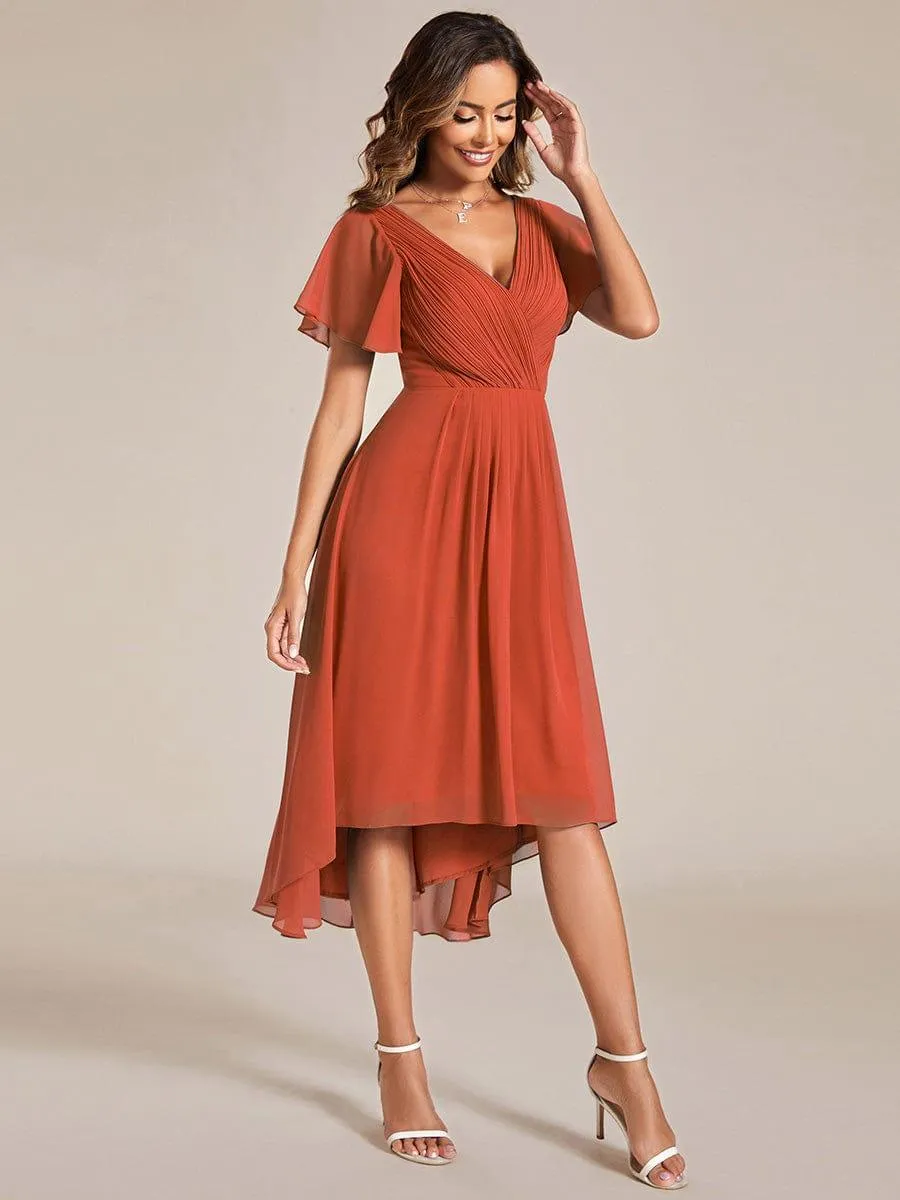 Pleated Asymmetrical Hem Ruffles Sleeve Chiffon Bridesmaid Dress