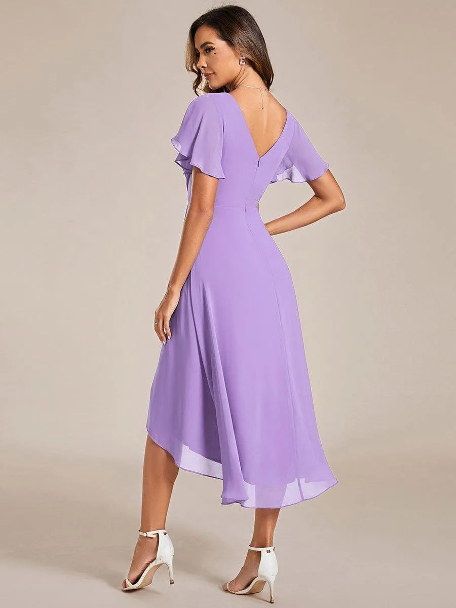 Pleated Asymmetrical Hem Ruffles Sleeve Chiffon Bridesmaid Dress