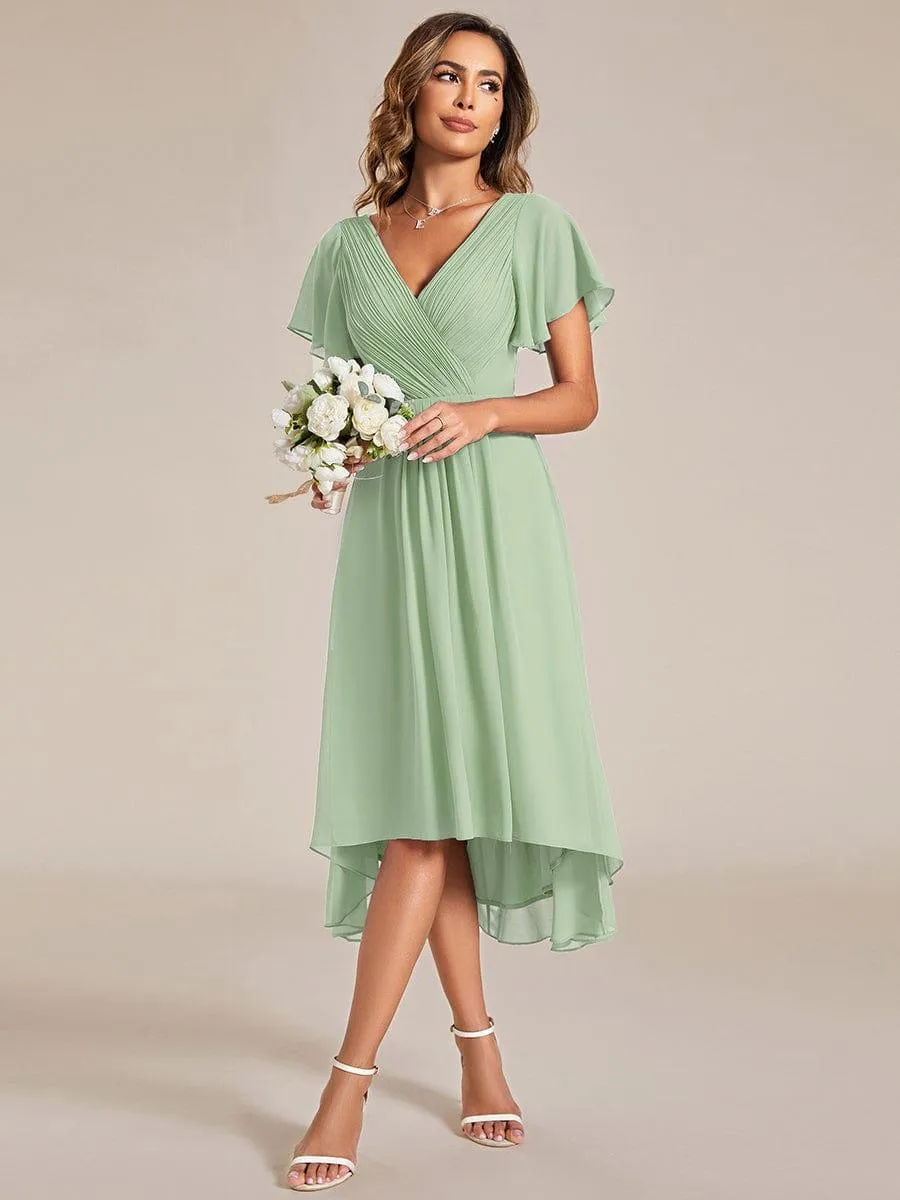 Pleated Asymmetrical Hem Ruffles Sleeve Chiffon Bridesmaid Dress