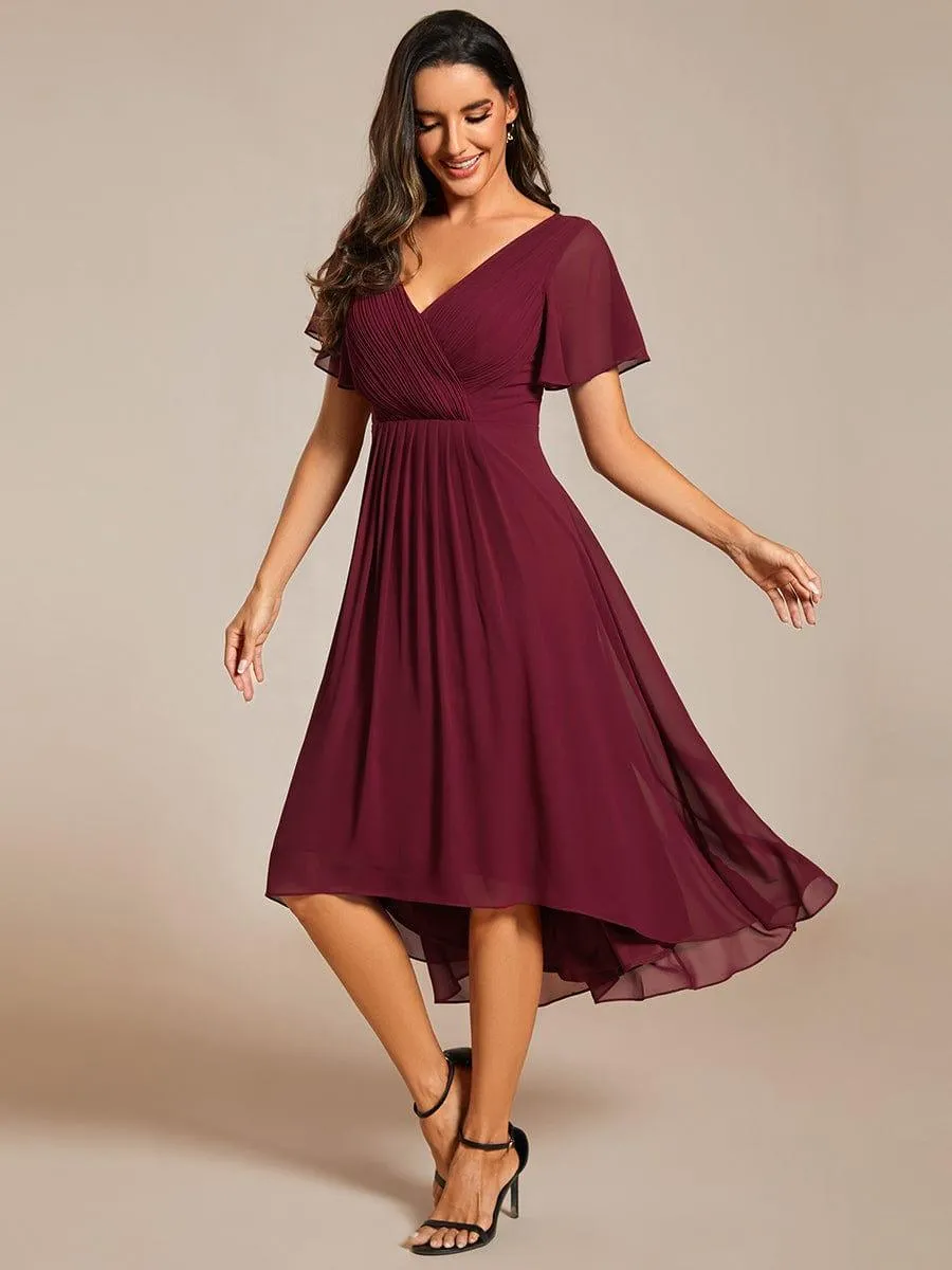 Pleated Asymmetrical Hem Ruffles Sleeve Chiffon Bridesmaid Dress