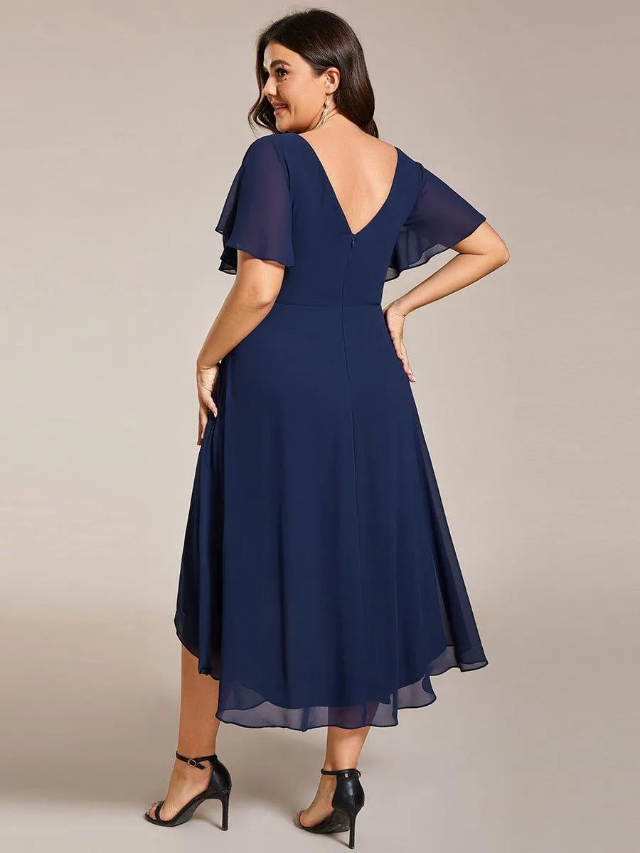 Pleated Asymmetrical Hem Ruffles Sleeve Chiffon Bridesmaid Dress