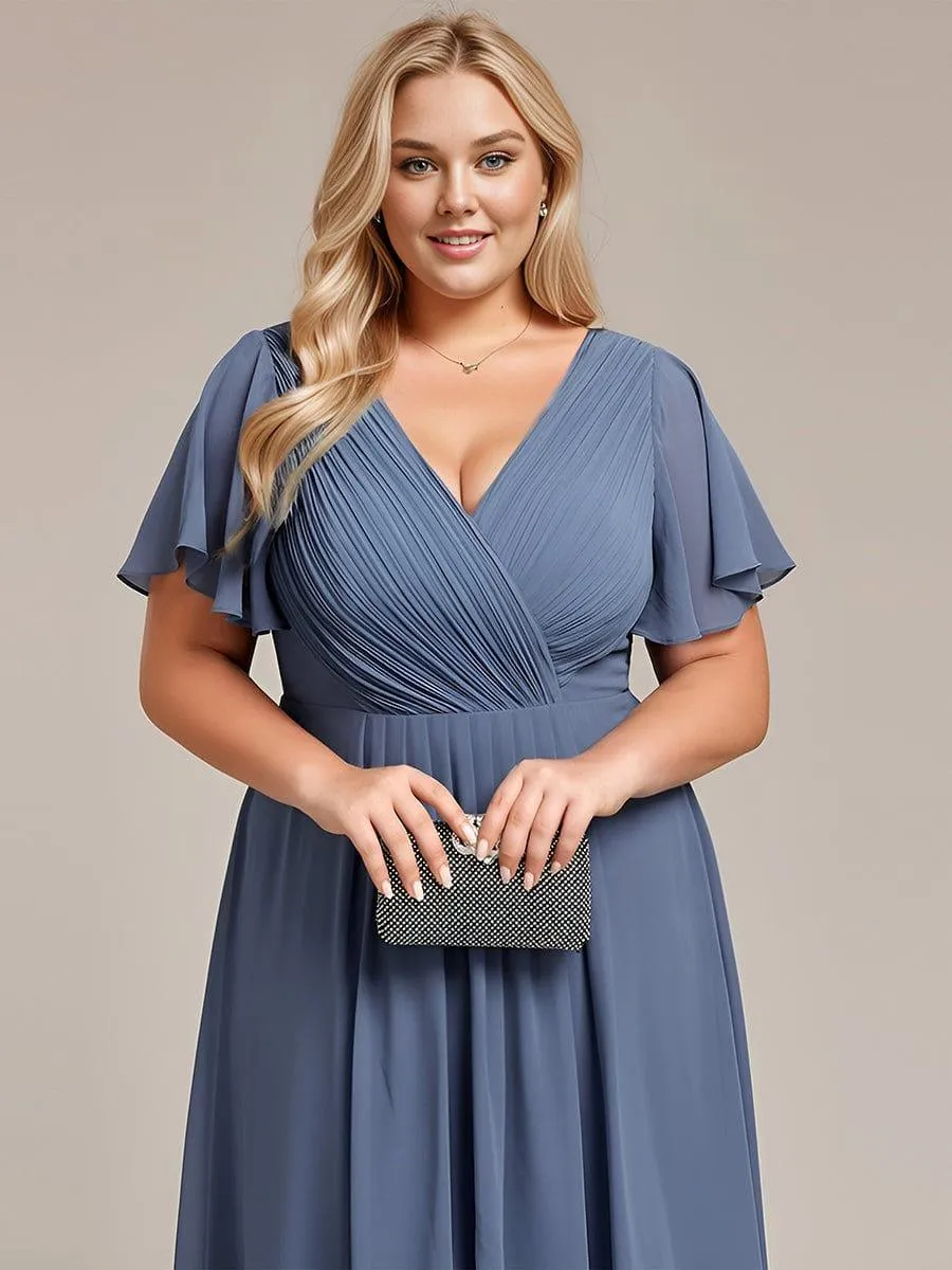 Pleated Asymmetrical Hem Ruffles Sleeve Chiffon Bridesmaid Dress