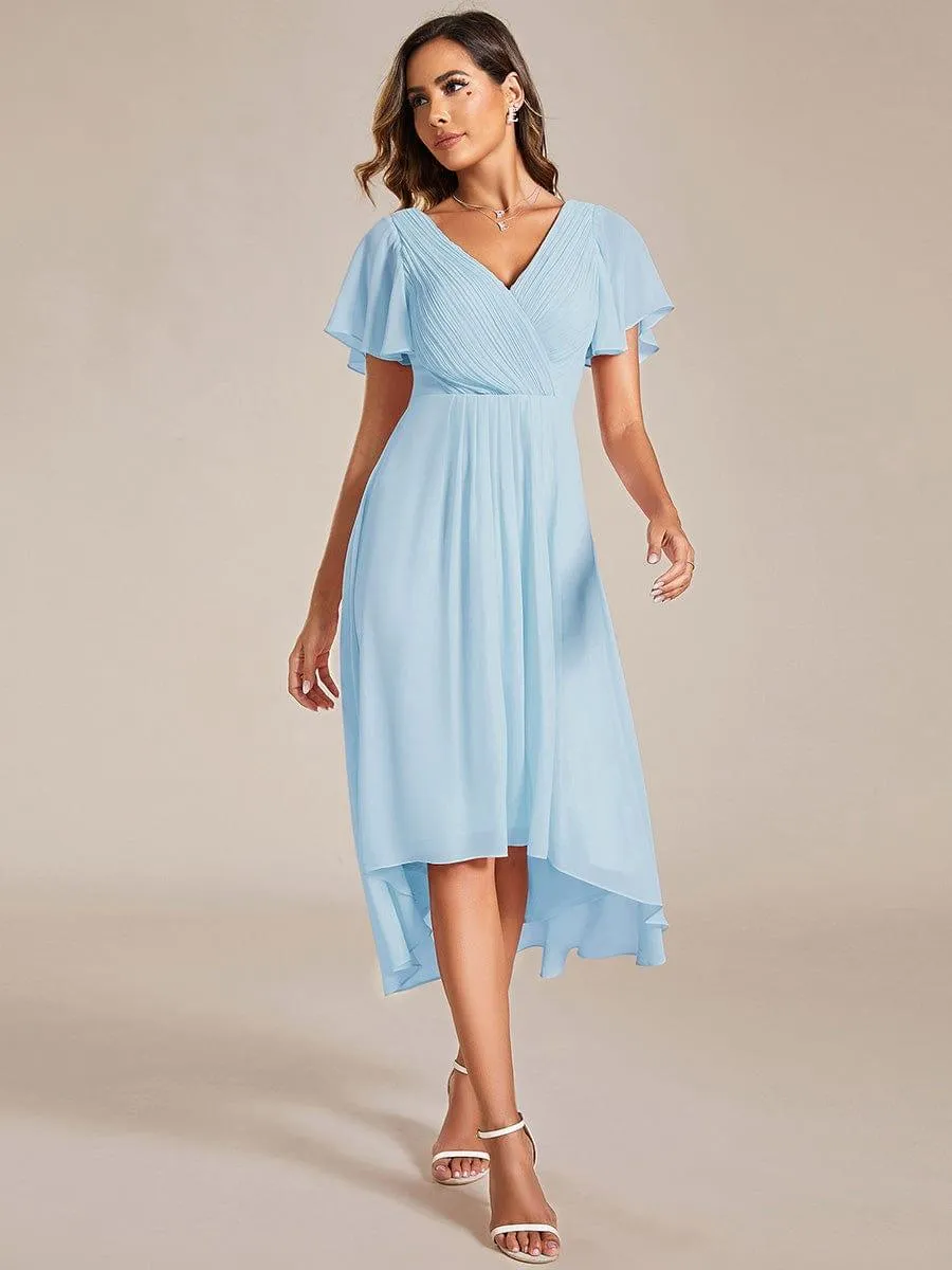 Pleated Asymmetrical Hem Ruffles Sleeve Chiffon Bridesmaid Dress