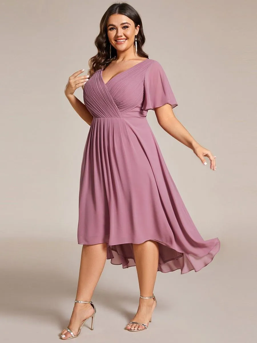Pleated Asymmetrical Hem Ruffles Sleeve Chiffon Bridesmaid Dress