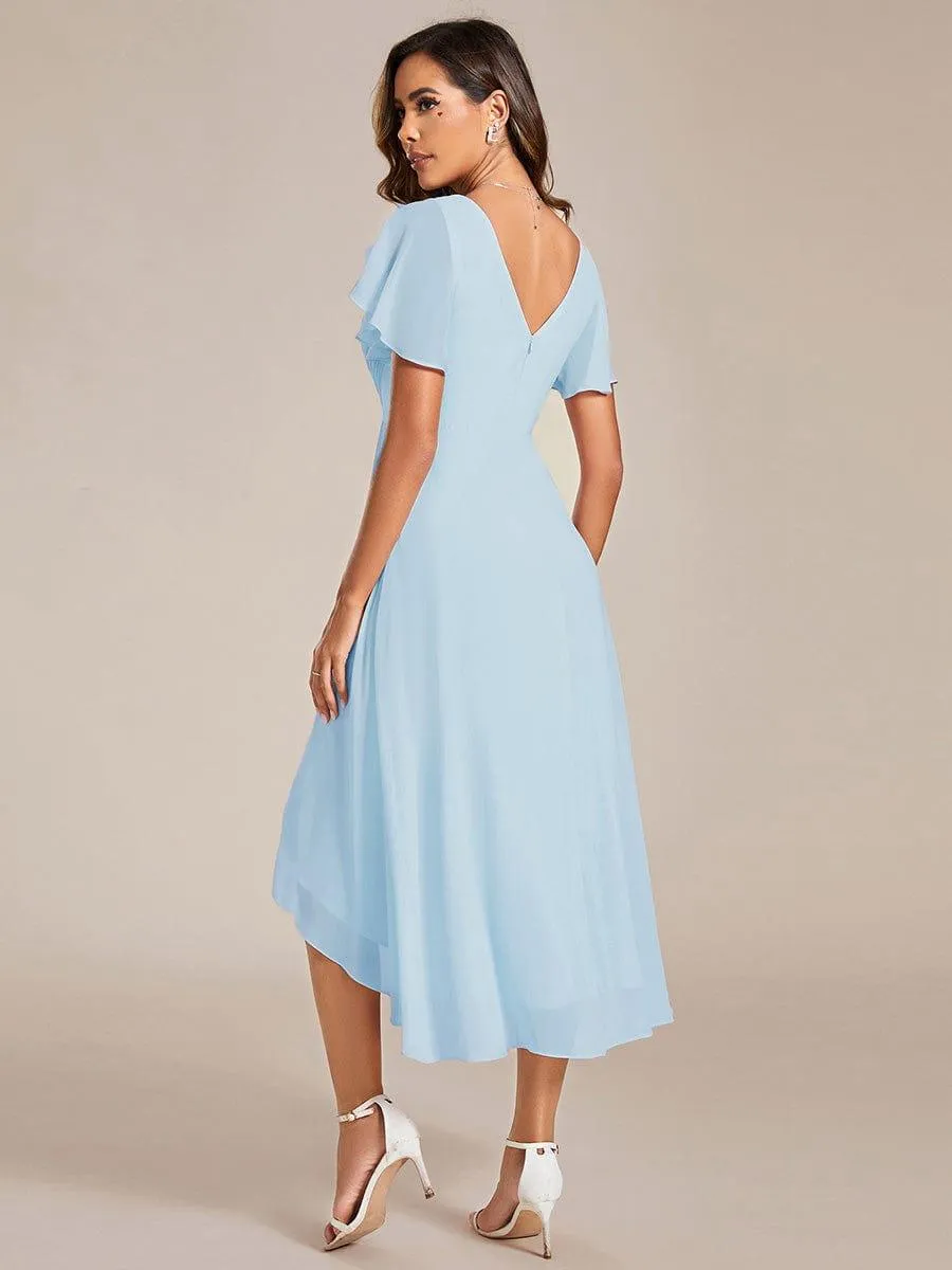 Pleated Asymmetrical Hem Ruffles Sleeve Chiffon Bridesmaid Dress