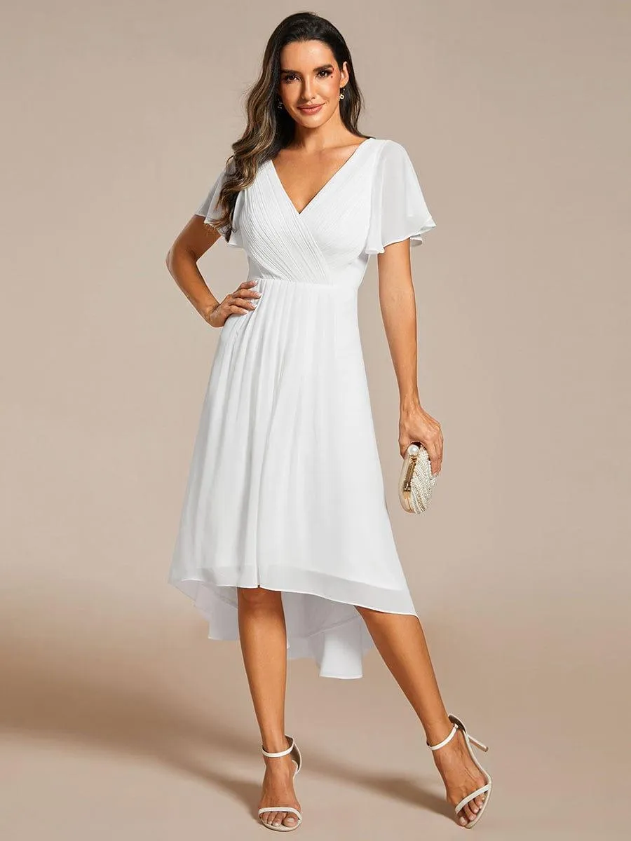 Pleated Asymmetrical Hem Ruffles Sleeve Chiffon Bridesmaid Dress