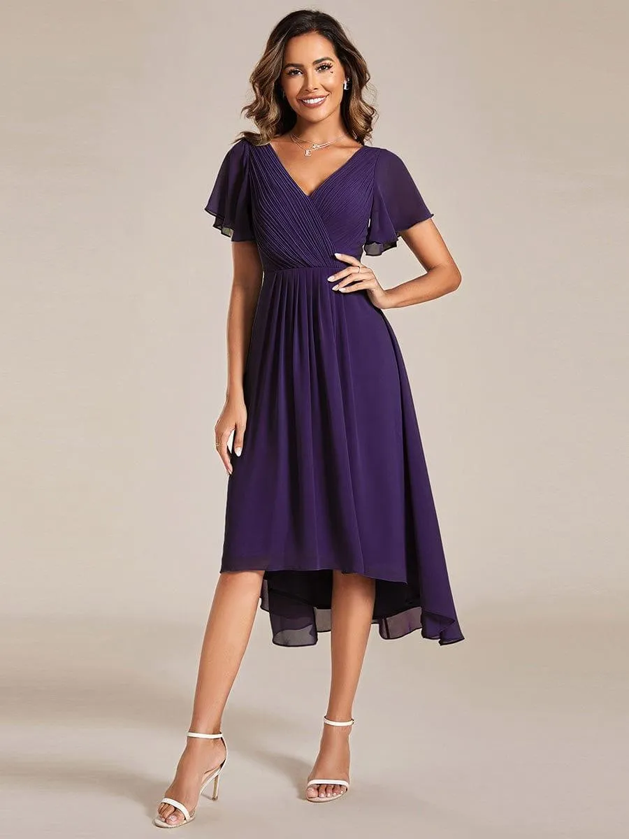 Pleated Asymmetrical Hem Ruffles Sleeve Chiffon Bridesmaid Dress