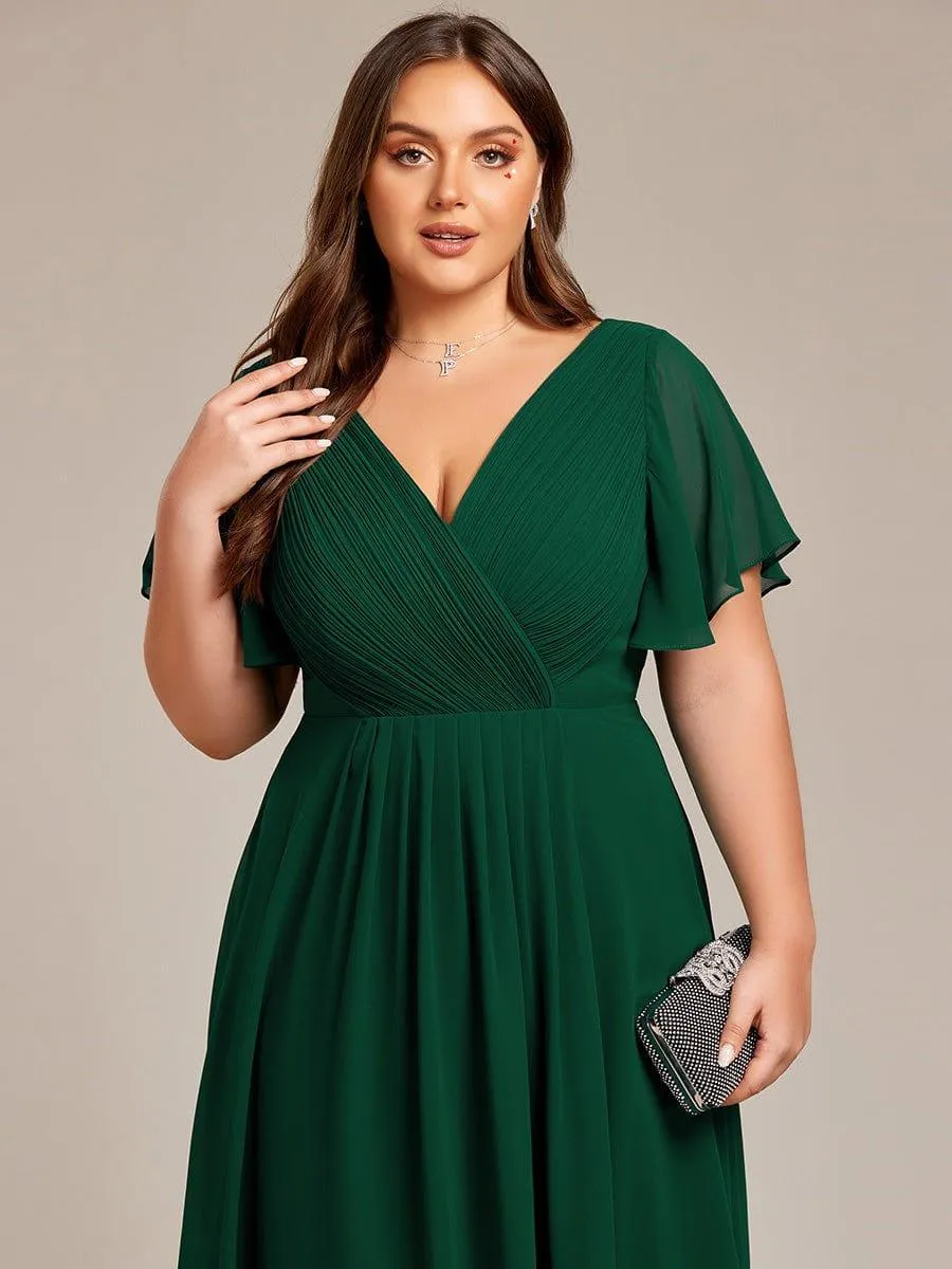 Pleated Asymmetrical Hem Ruffles Sleeve Chiffon Bridesmaid Dress