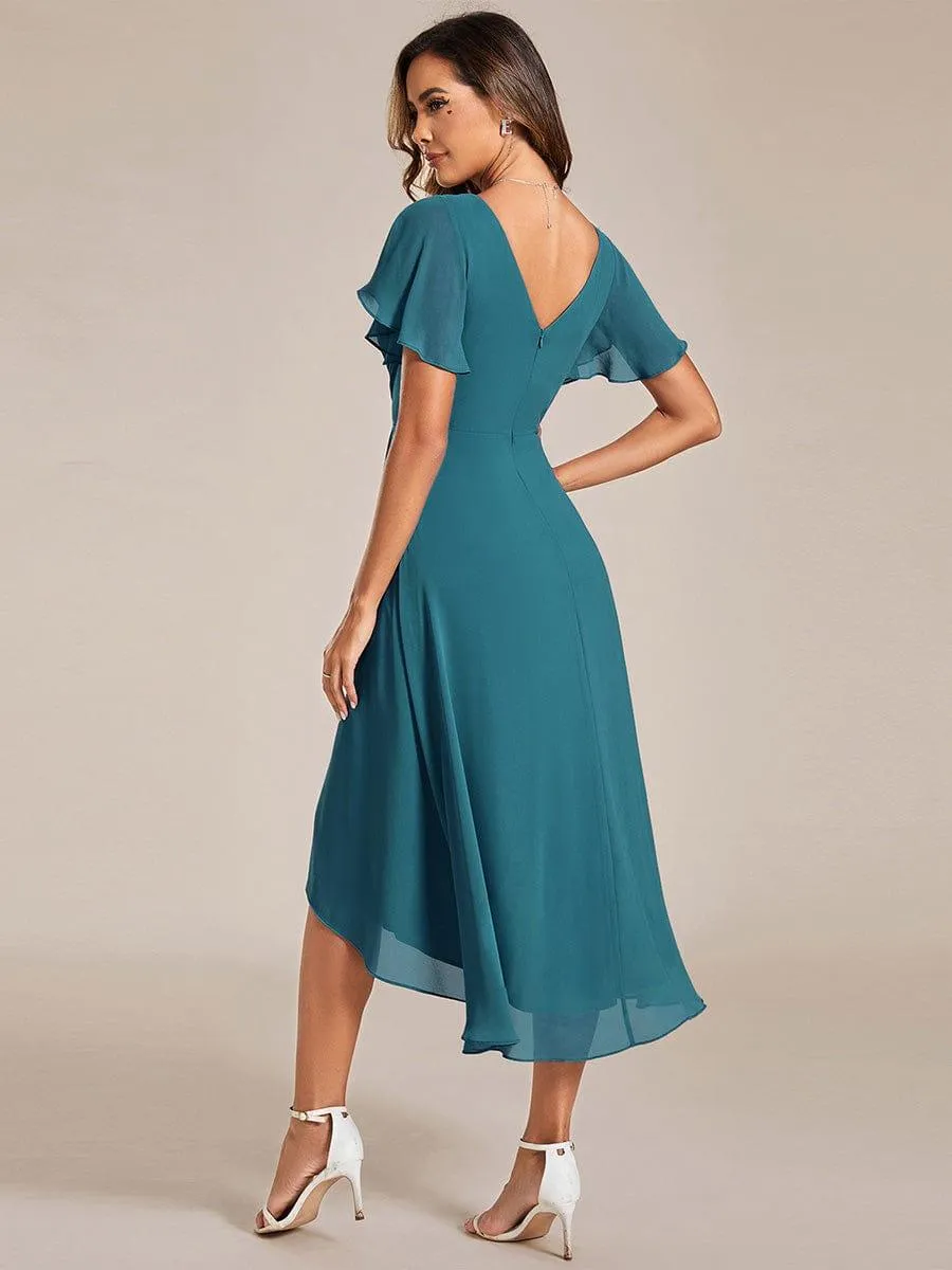 Pleated Asymmetrical Hem Ruffles Sleeve Chiffon Bridesmaid Dress