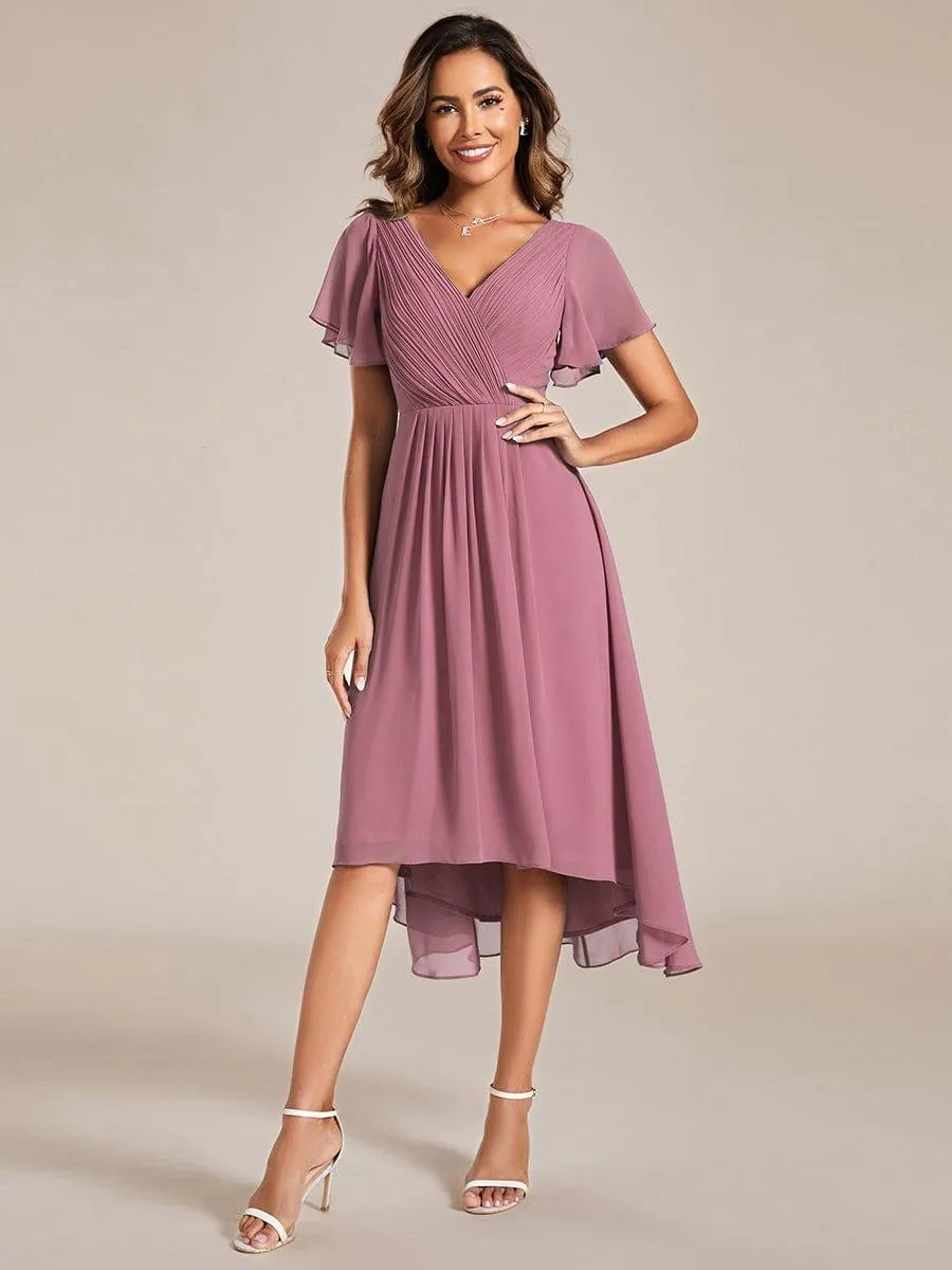 Pleated Asymmetrical Hem Ruffles Sleeve Chiffon Bridesmaid Dress