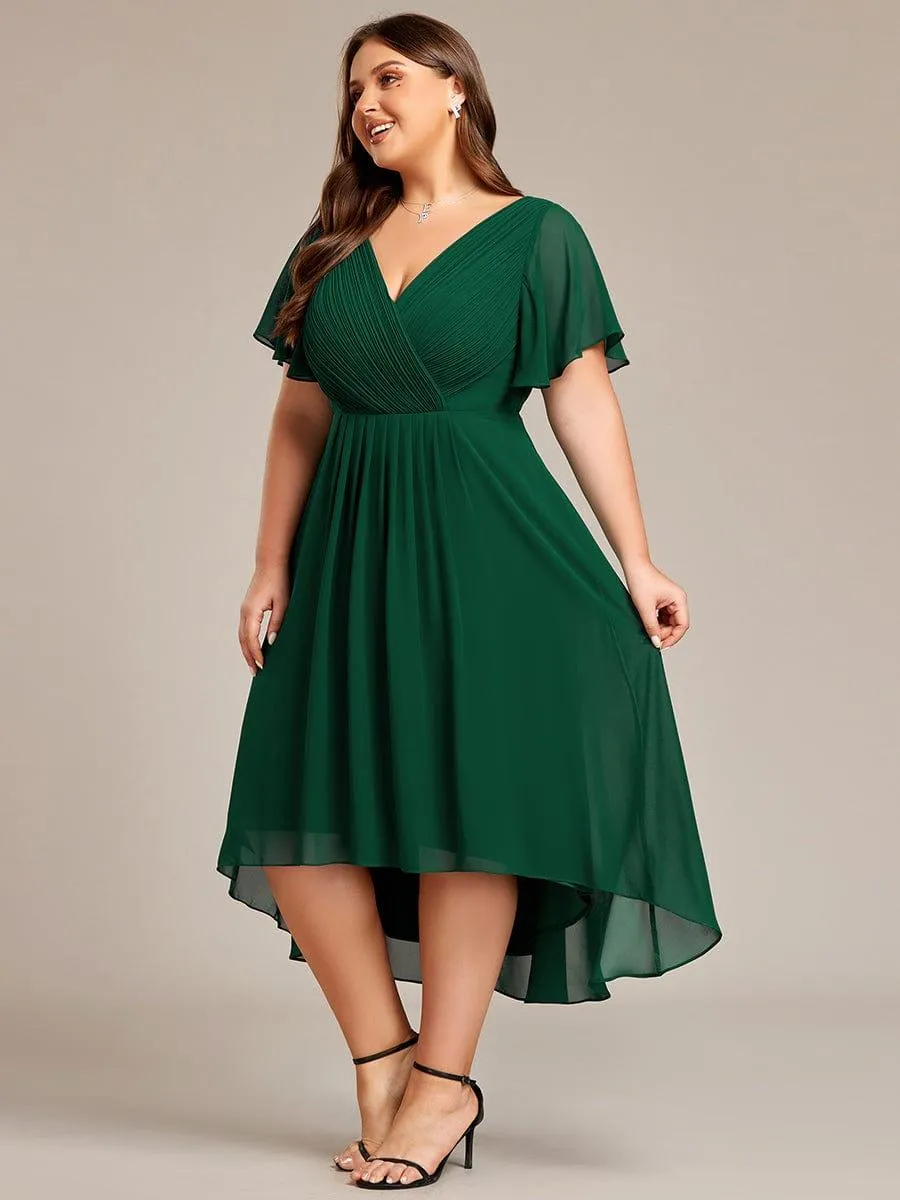 Pleated Asymmetrical Hem Ruffles Sleeve Chiffon Bridesmaid Dress