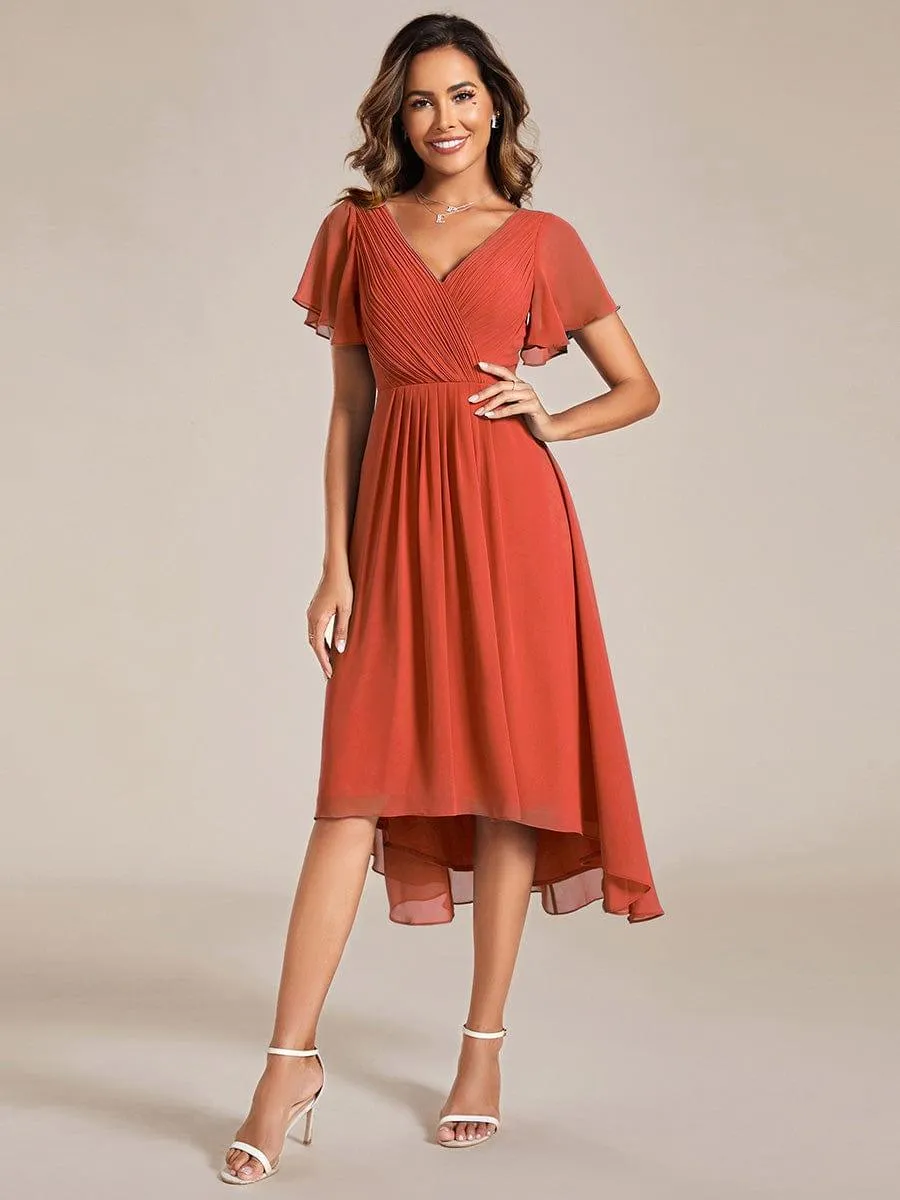Pleated Asymmetrical Hem Ruffles Sleeve Chiffon Bridesmaid Dress
