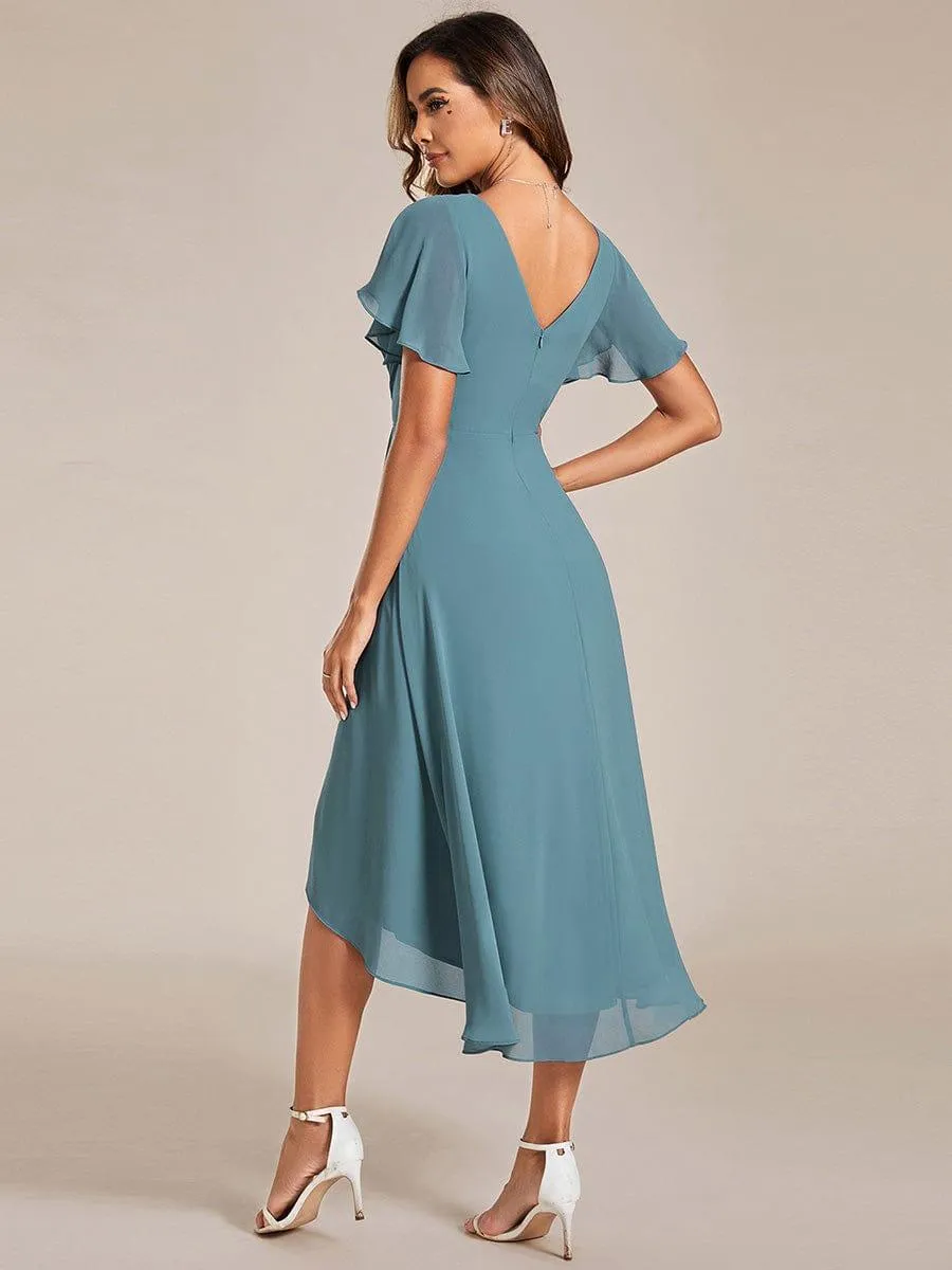 Pleated Asymmetrical Hem Ruffles Sleeve Chiffon Bridesmaid Dress