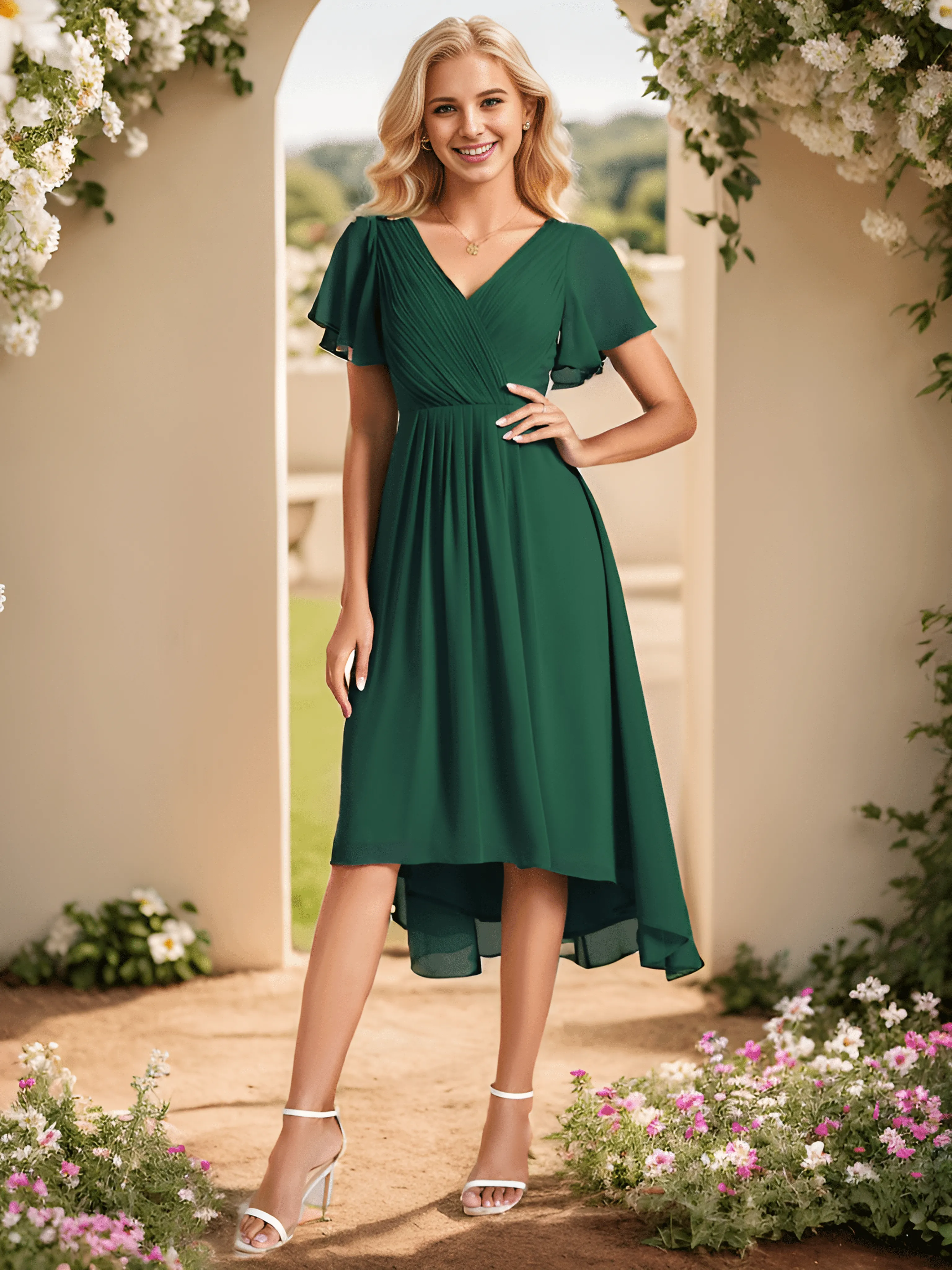 Pleated Asymmetrical Hem Ruffles Sleeve Chiffon Bridesmaid Dress
