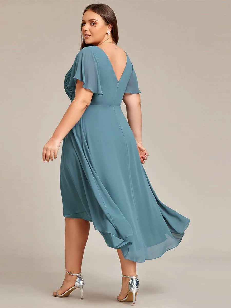 Pleated Asymmetrical Hem Ruffles Sleeve Chiffon Bridesmaid Dress