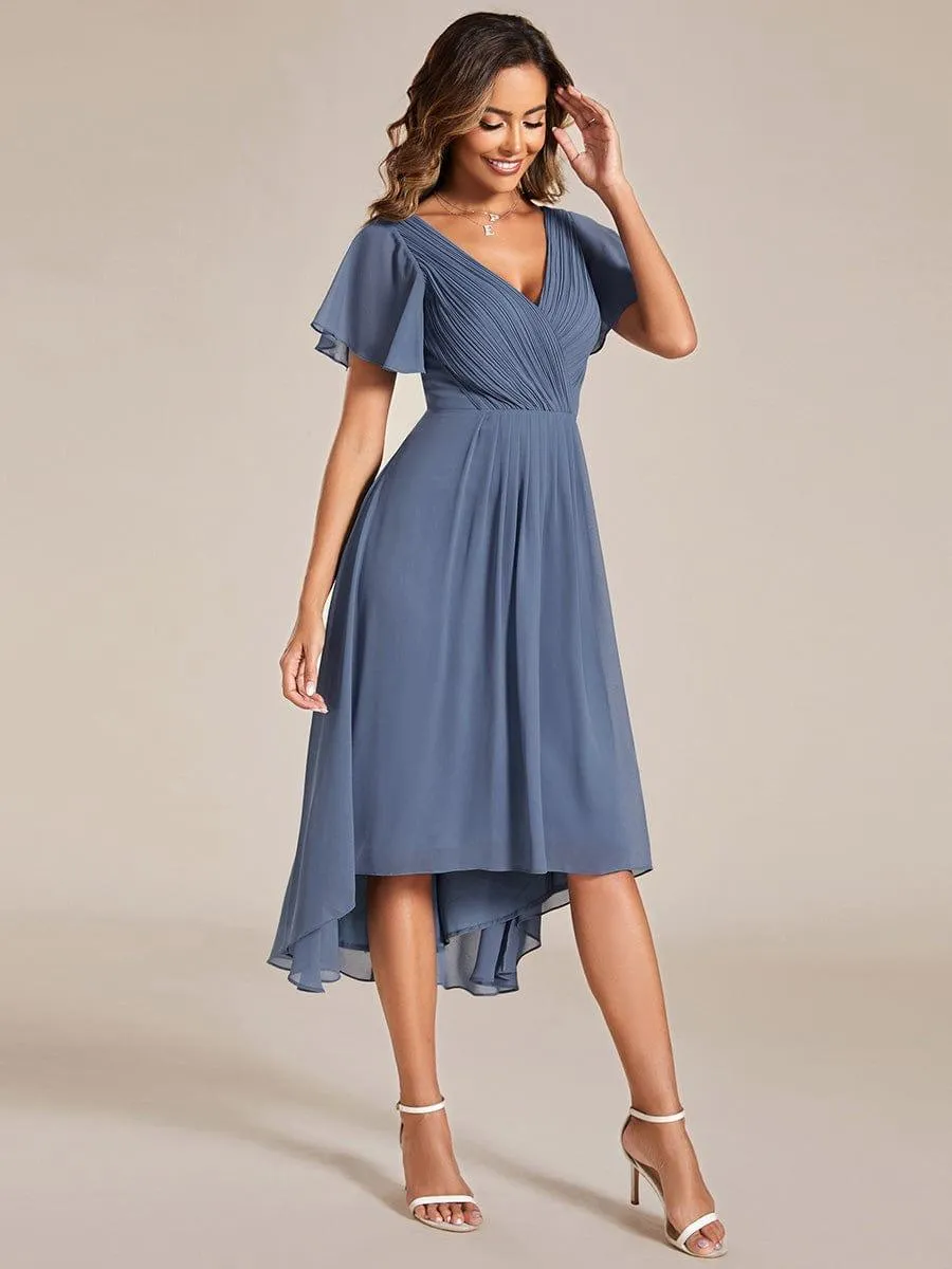 Pleated Asymmetrical Hem Ruffles Sleeve Chiffon Bridesmaid Dress