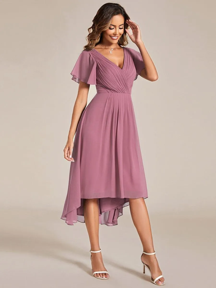 Pleated Asymmetrical Hem Ruffles Sleeve Chiffon Bridesmaid Dress