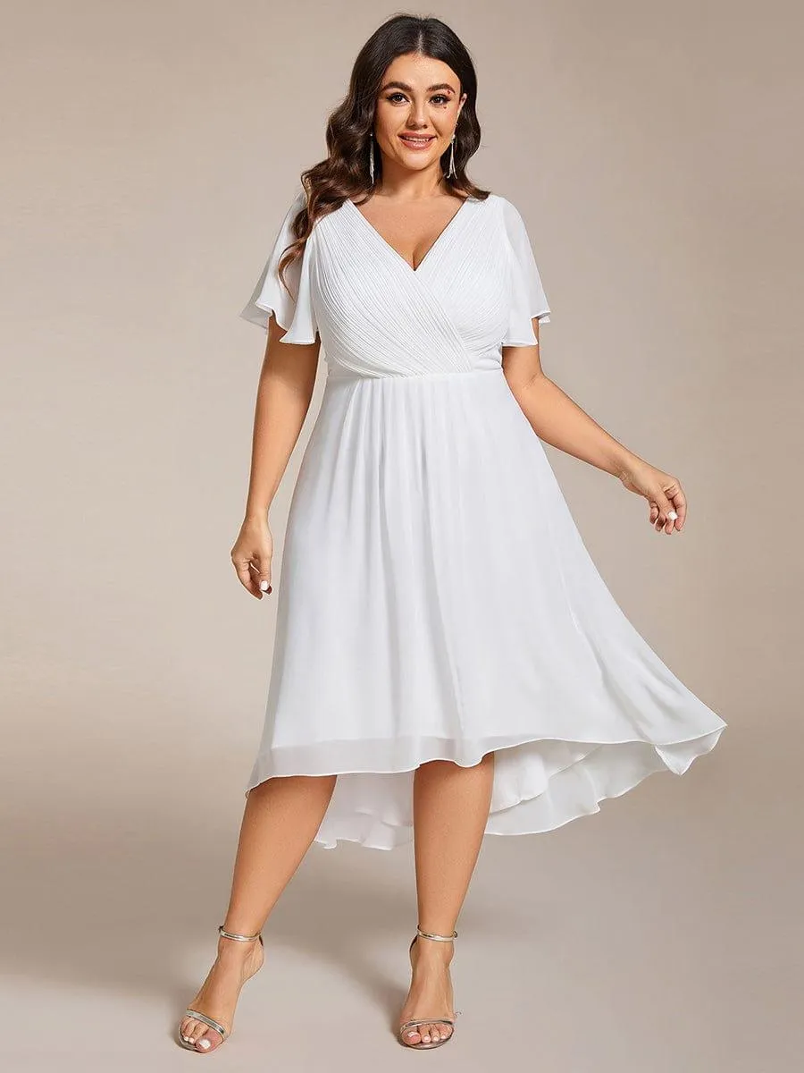 Pleated Asymmetrical Hem Ruffles Sleeve Chiffon Bridesmaid Dress