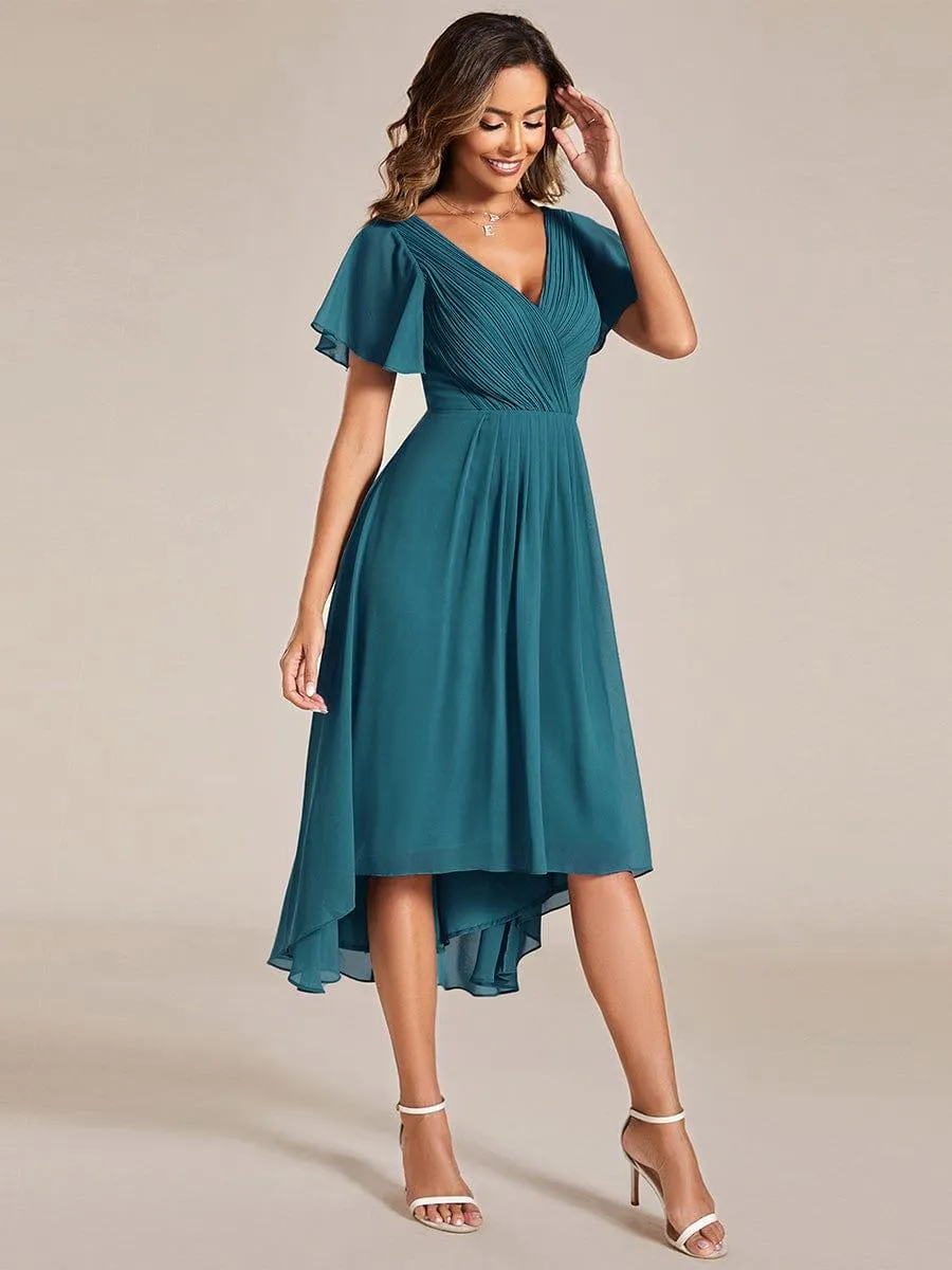 Pleated Asymmetrical Hem Ruffles Sleeve Chiffon Bridesmaid Dress