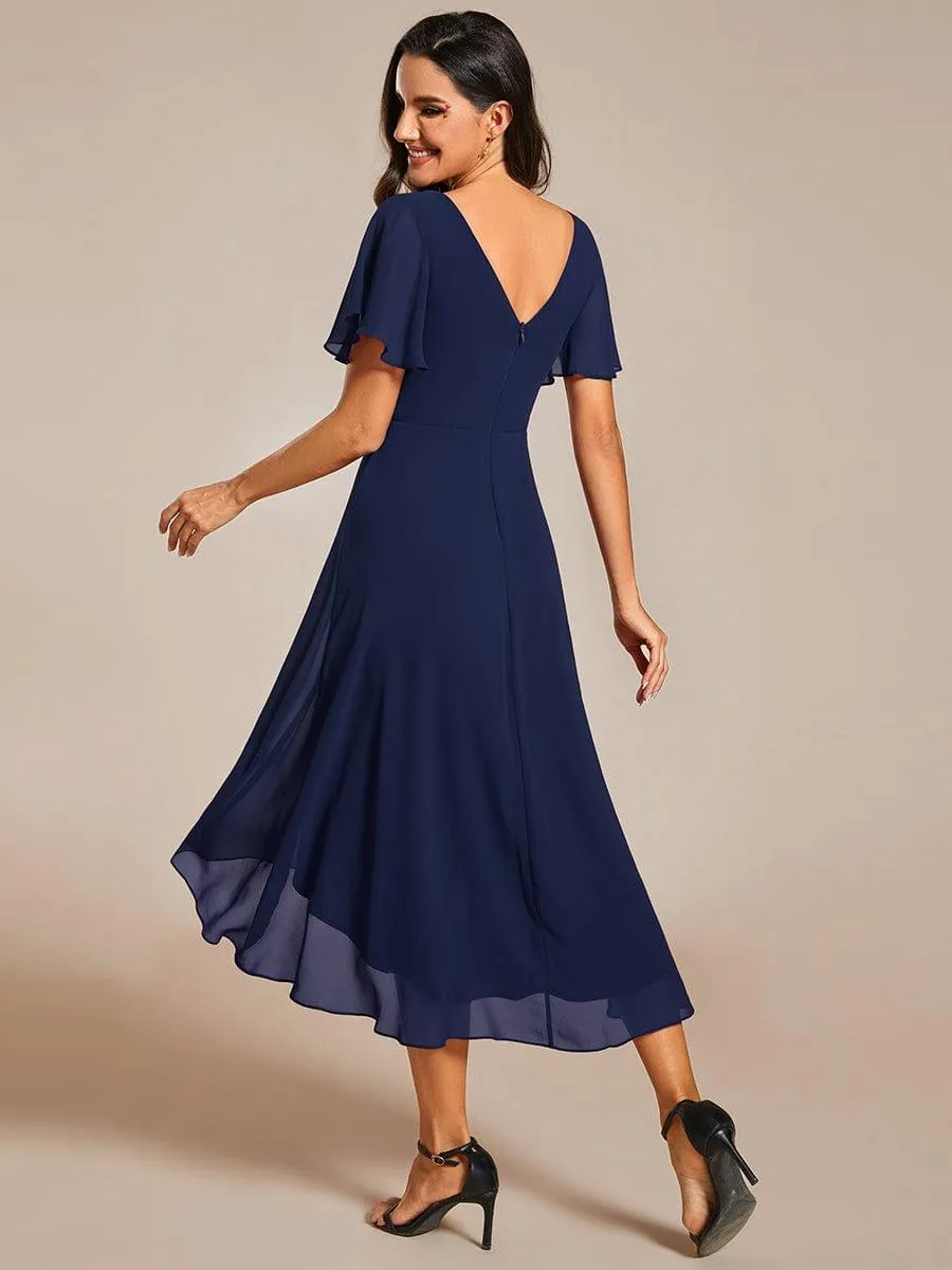 Pleated Asymmetrical Hem Ruffles Sleeve Chiffon Bridesmaid Dress