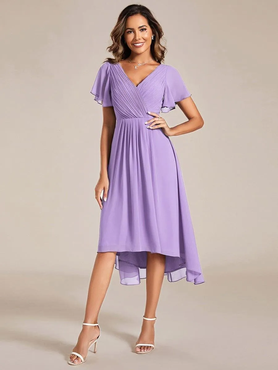 Pleated Asymmetrical Hem Ruffles Sleeve Chiffon Bridesmaid Dress