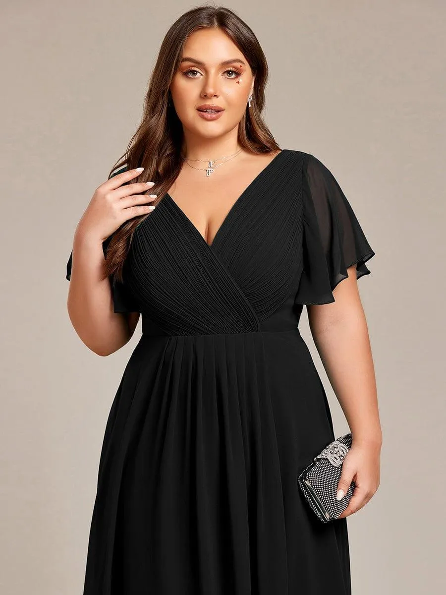 Pleated Asymmetrical Hem Ruffles Sleeve Chiffon Bridesmaid Dress