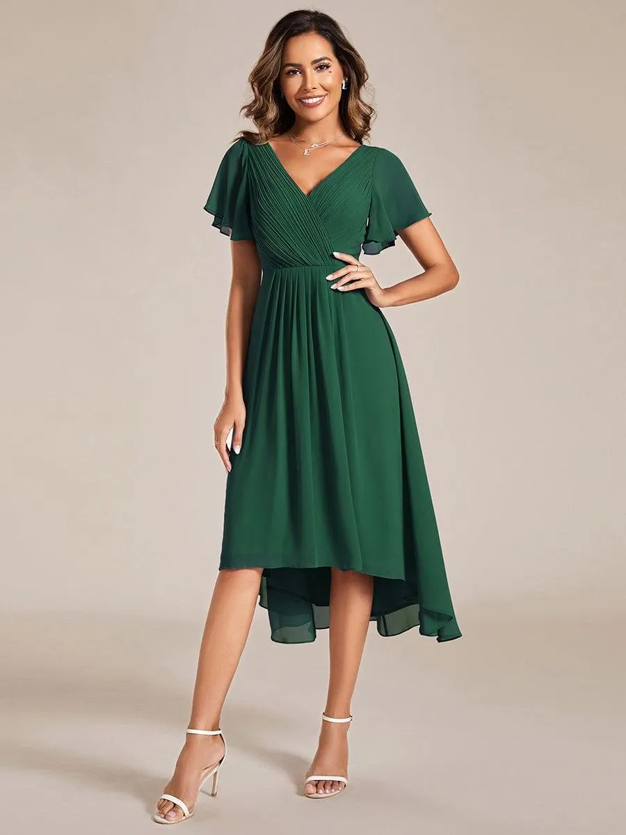Pleated Asymmetrical Hem Ruffles Sleeve Chiffon Bridesmaid Dress