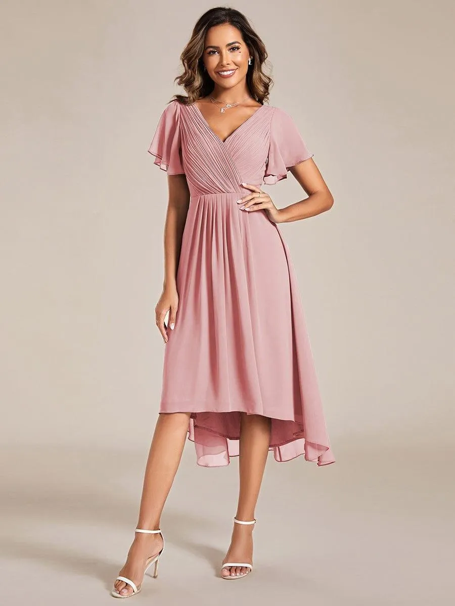 Pleated Asymmetrical Hem Ruffles Sleeve Chiffon Bridesmaid Dress