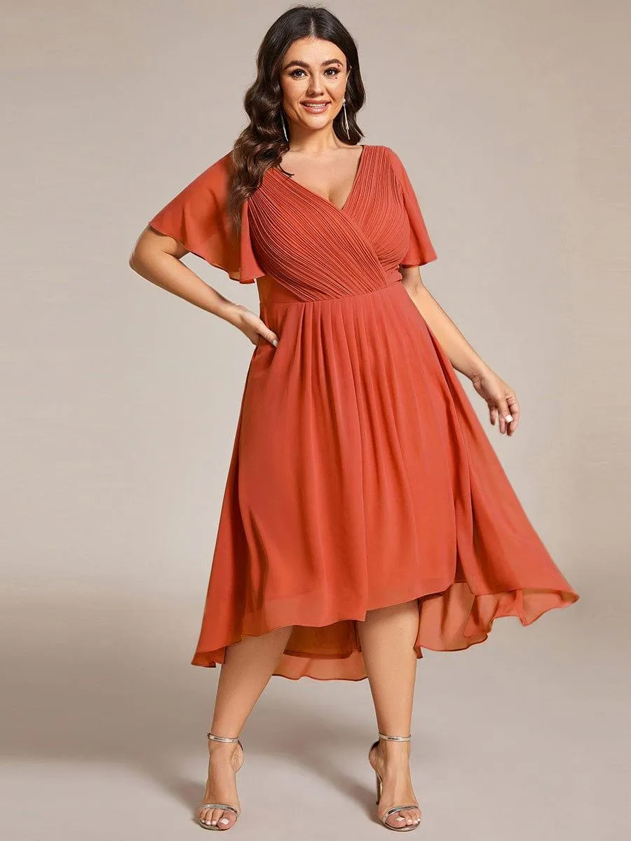 Pleated Asymmetrical Hem Ruffles Sleeve Chiffon Bridesmaid Dress