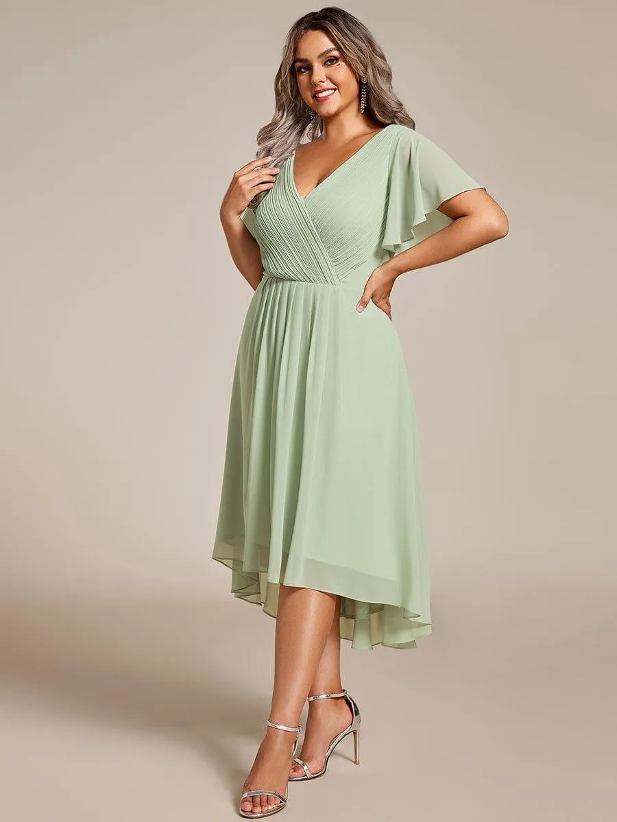 Pleated Asymmetrical Hem Ruffles Sleeve Chiffon Bridesmaid Dress