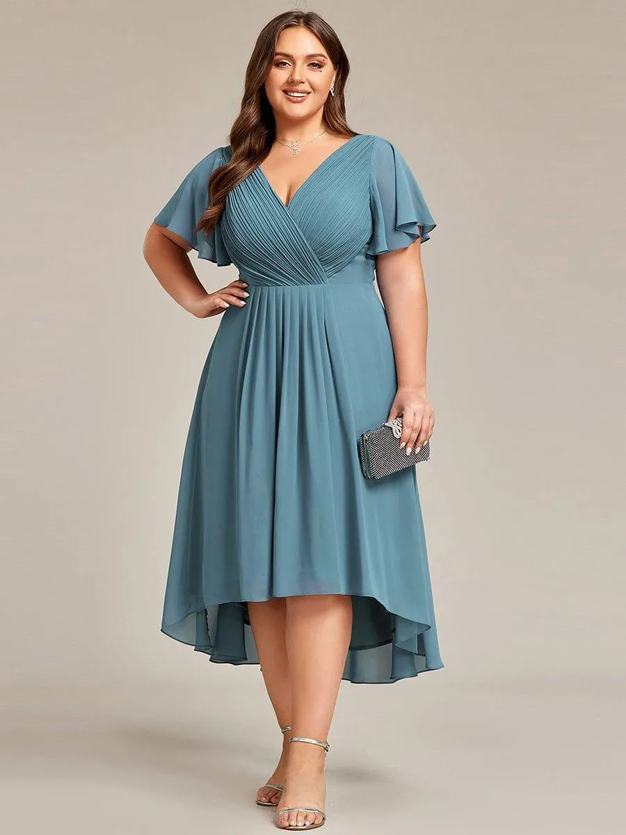 Pleated Asymmetrical Hem Ruffles Sleeve Chiffon Bridesmaid Dress