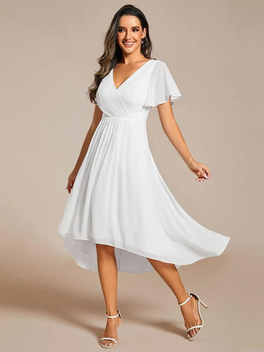 Pleated Asymmetrical Hem Ruffles Sleeve Chiffon Bridesmaid Dress