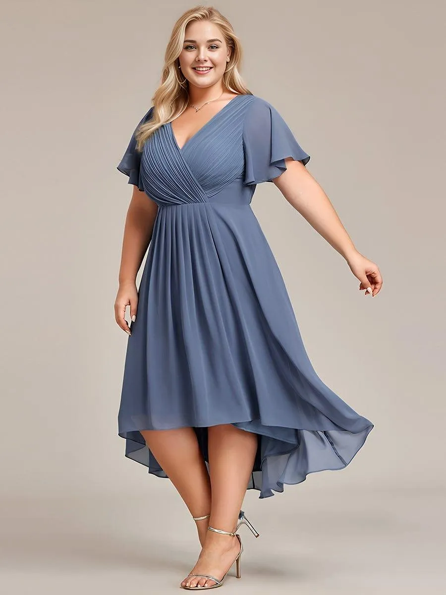 Pleated Asymmetrical Hem Ruffles Sleeve Chiffon Bridesmaid Dress