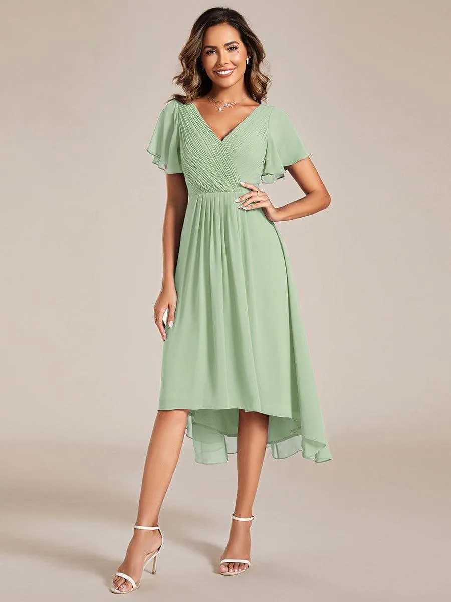 Pleated Asymmetrical Hem Ruffles Sleeve Chiffon Bridesmaid Dress