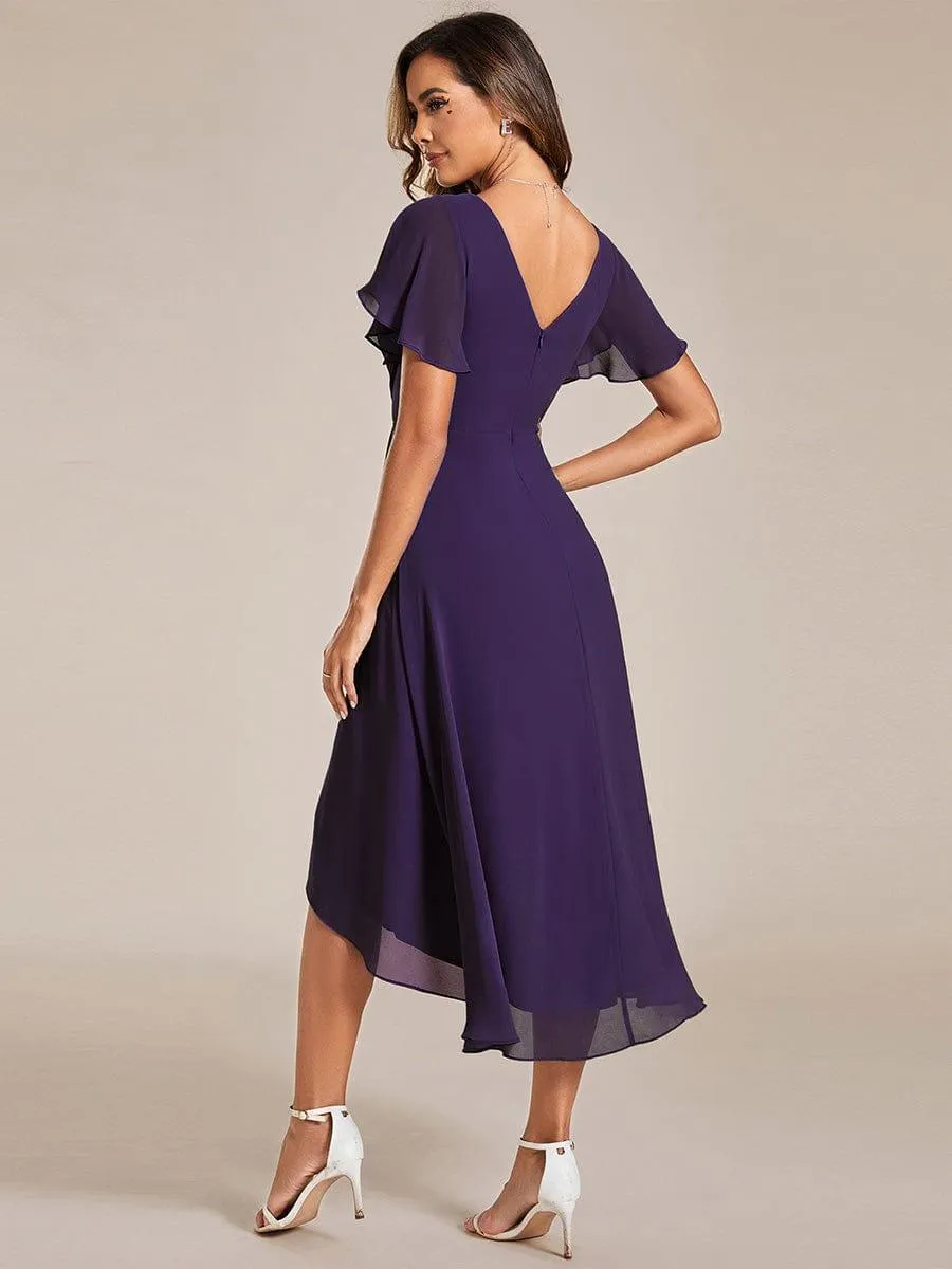 Pleated Asymmetrical Hem Ruffles Sleeve Chiffon Bridesmaid Dress