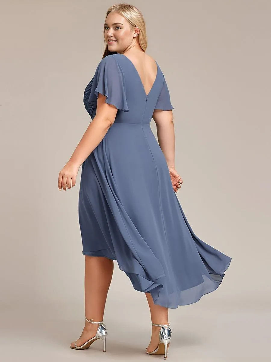 Pleated Asymmetrical Hem Ruffles Sleeve Chiffon Bridesmaid Dress
